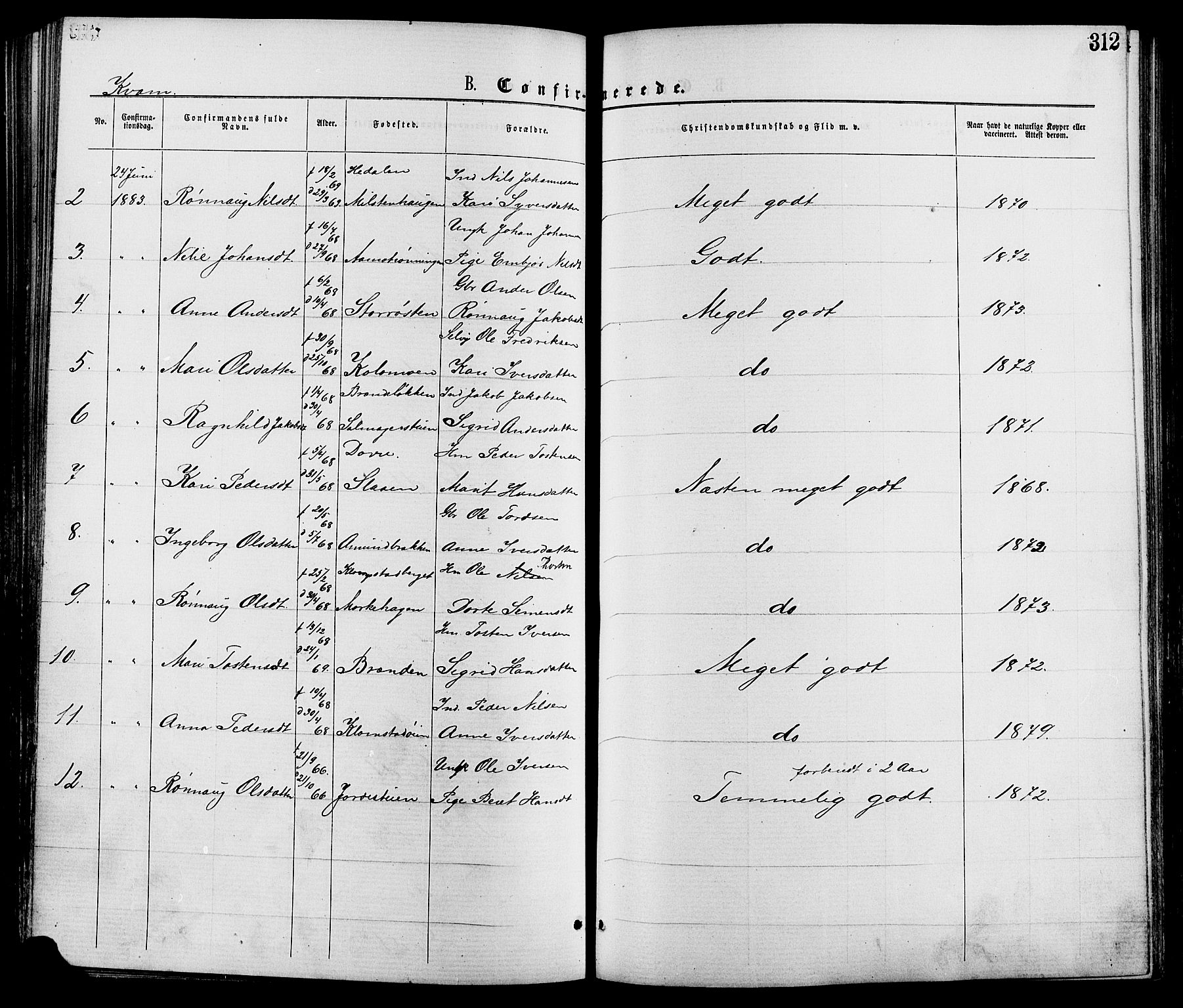 Nord-Fron prestekontor, AV/SAH-PREST-080/H/Ha/Haa/L0002: Parish register (official) no. 2, 1865-1883, p. 312