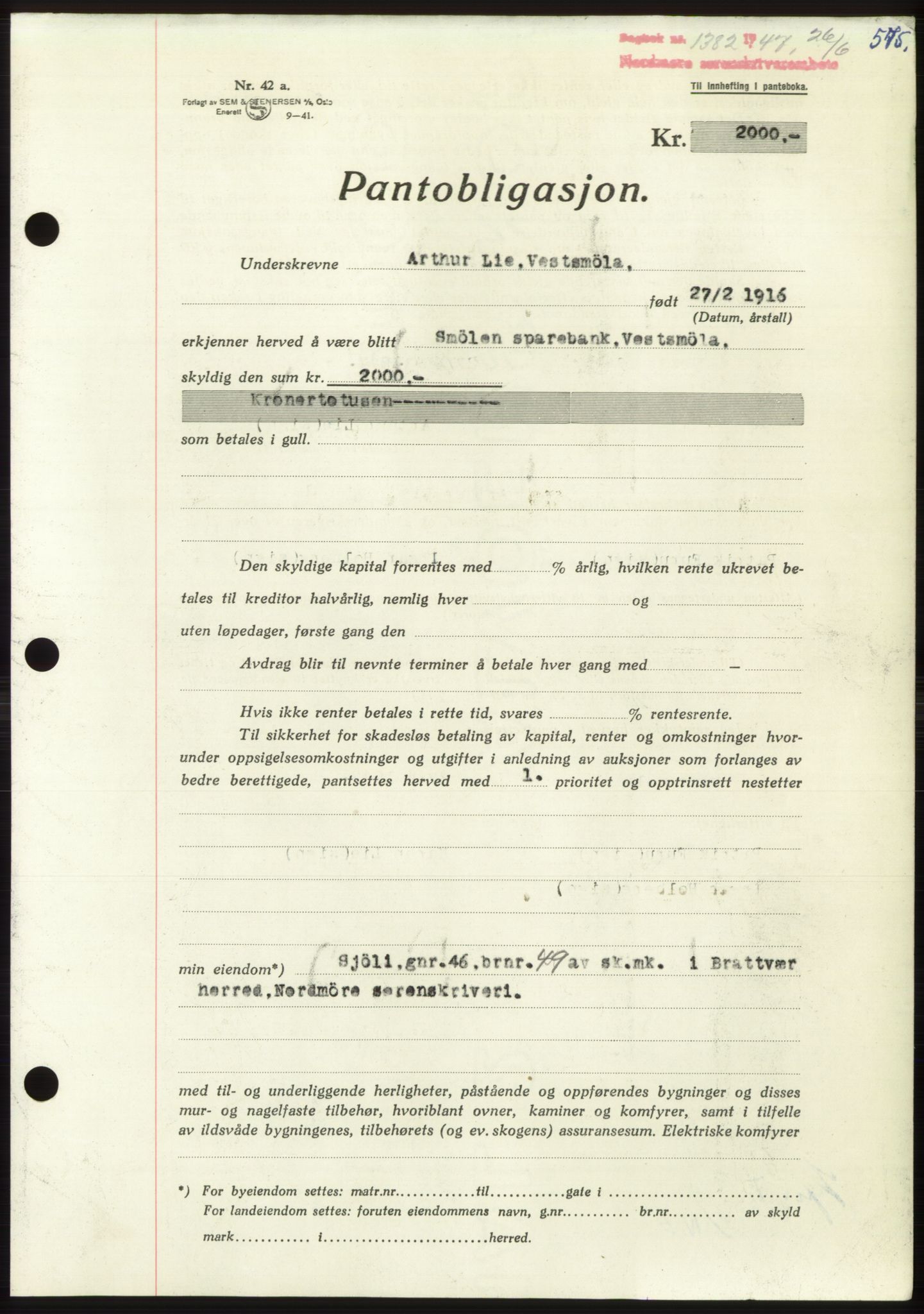 Nordmøre sorenskriveri, AV/SAT-A-4132/1/2/2Ca: Mortgage book no. B96, 1947-1947, Diary no: : 1382/1947