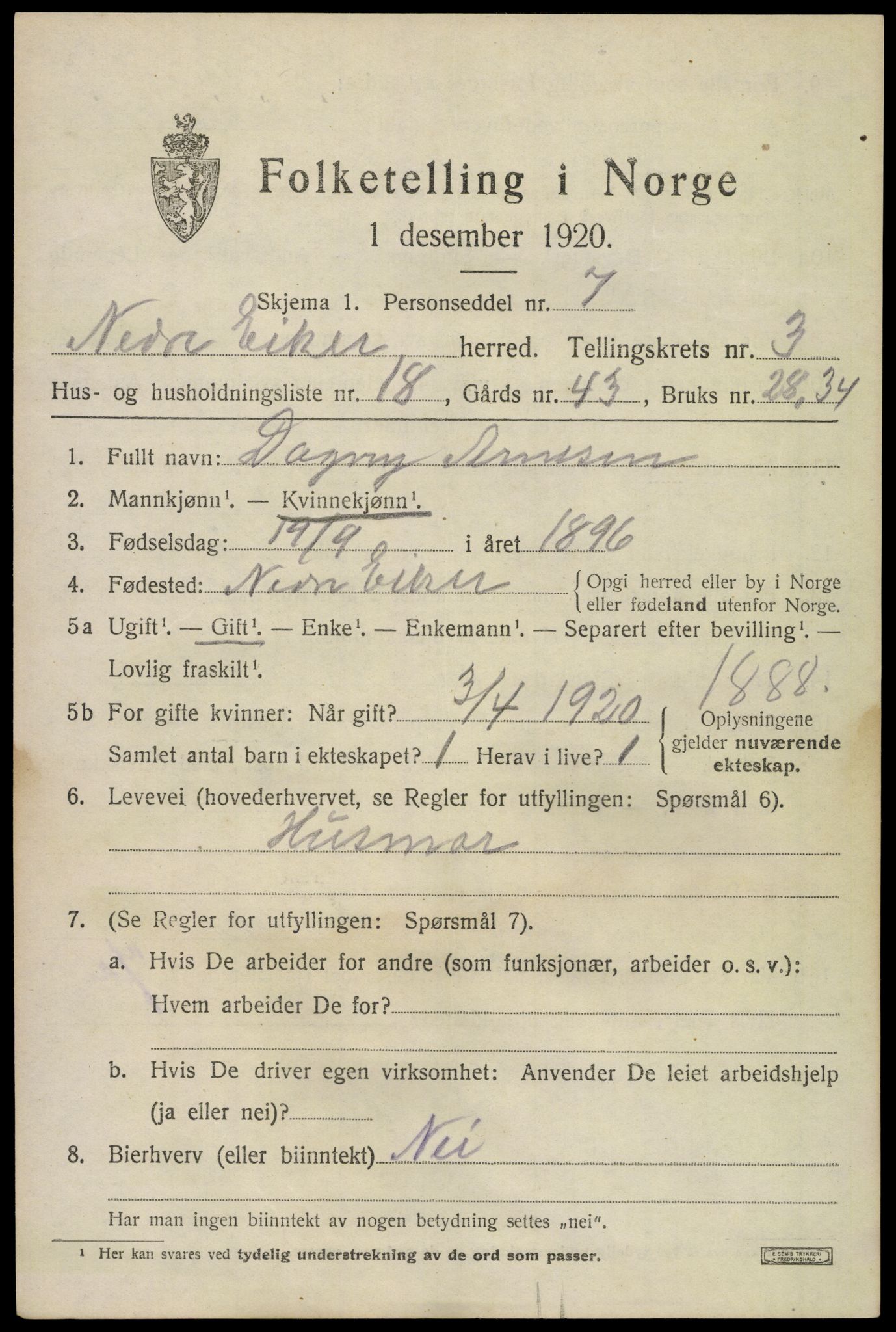 SAKO, 1920 census for Nedre Eiker, 1920, p. 4511