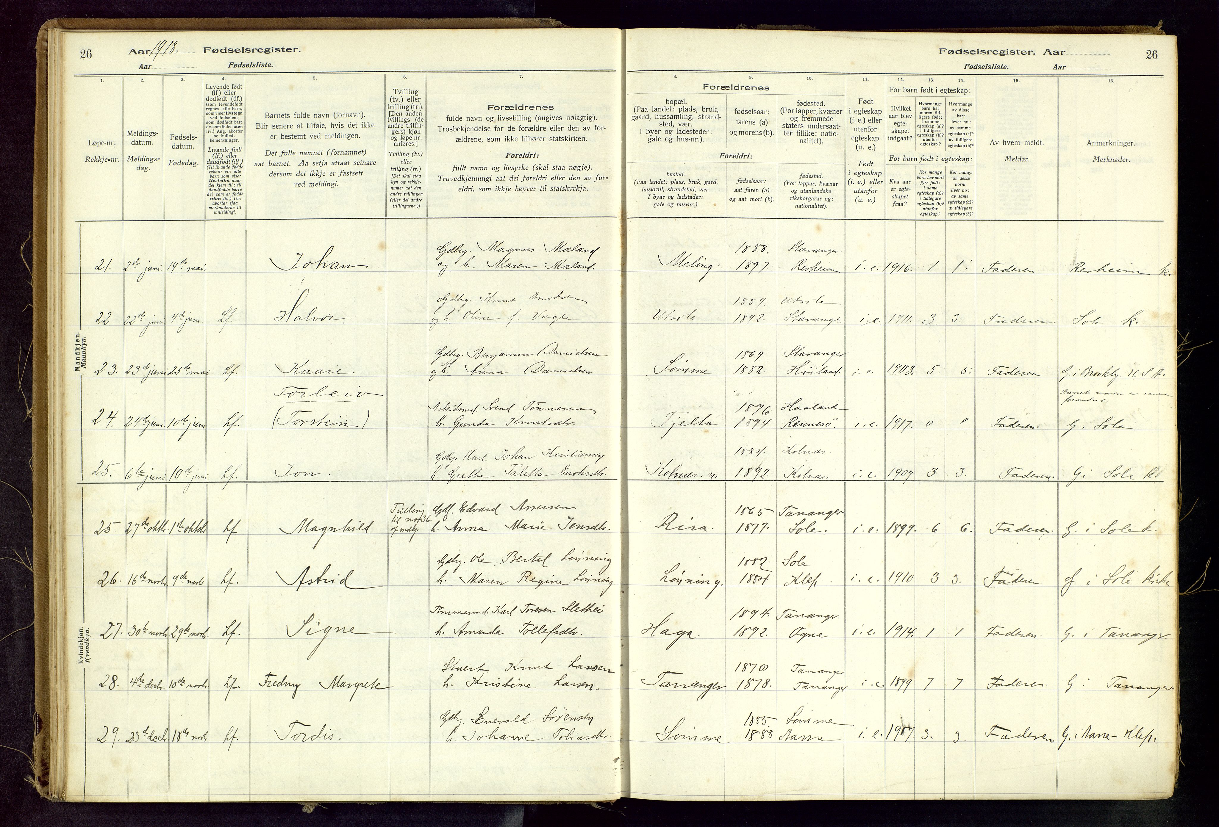 Håland sokneprestkontor, AV/SAST-A-101802/001/704BA/L0001: Birth register no. 1, 1916-1936, p. 26