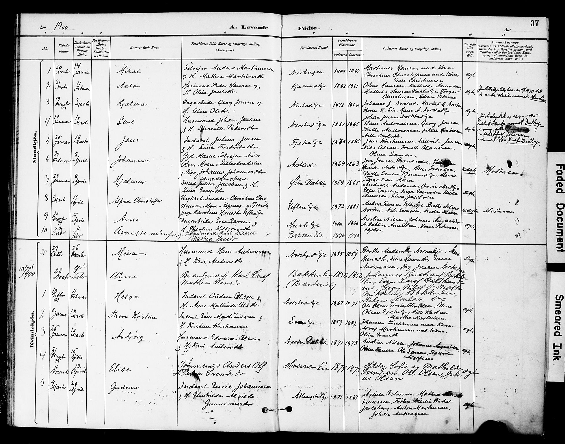 Stange prestekontor, SAH/PREST-002/K/L0021: Parish register (official) no. 21, 1891-1902, p. 37