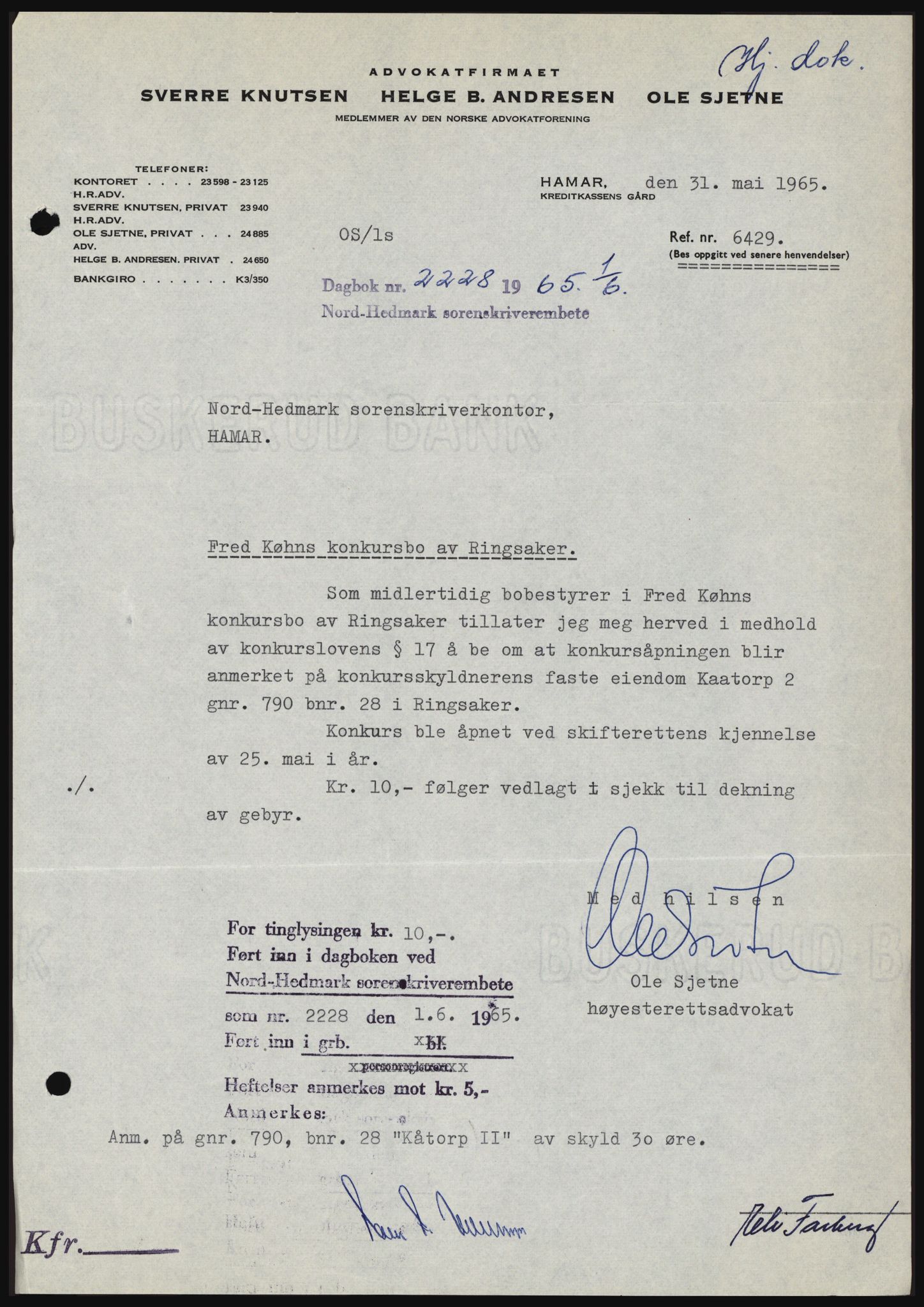Nord-Hedmark sorenskriveri, SAH/TING-012/H/Hc/L0021: Mortgage book no. 21, 1964-1965, Diary no: : 2228/1965