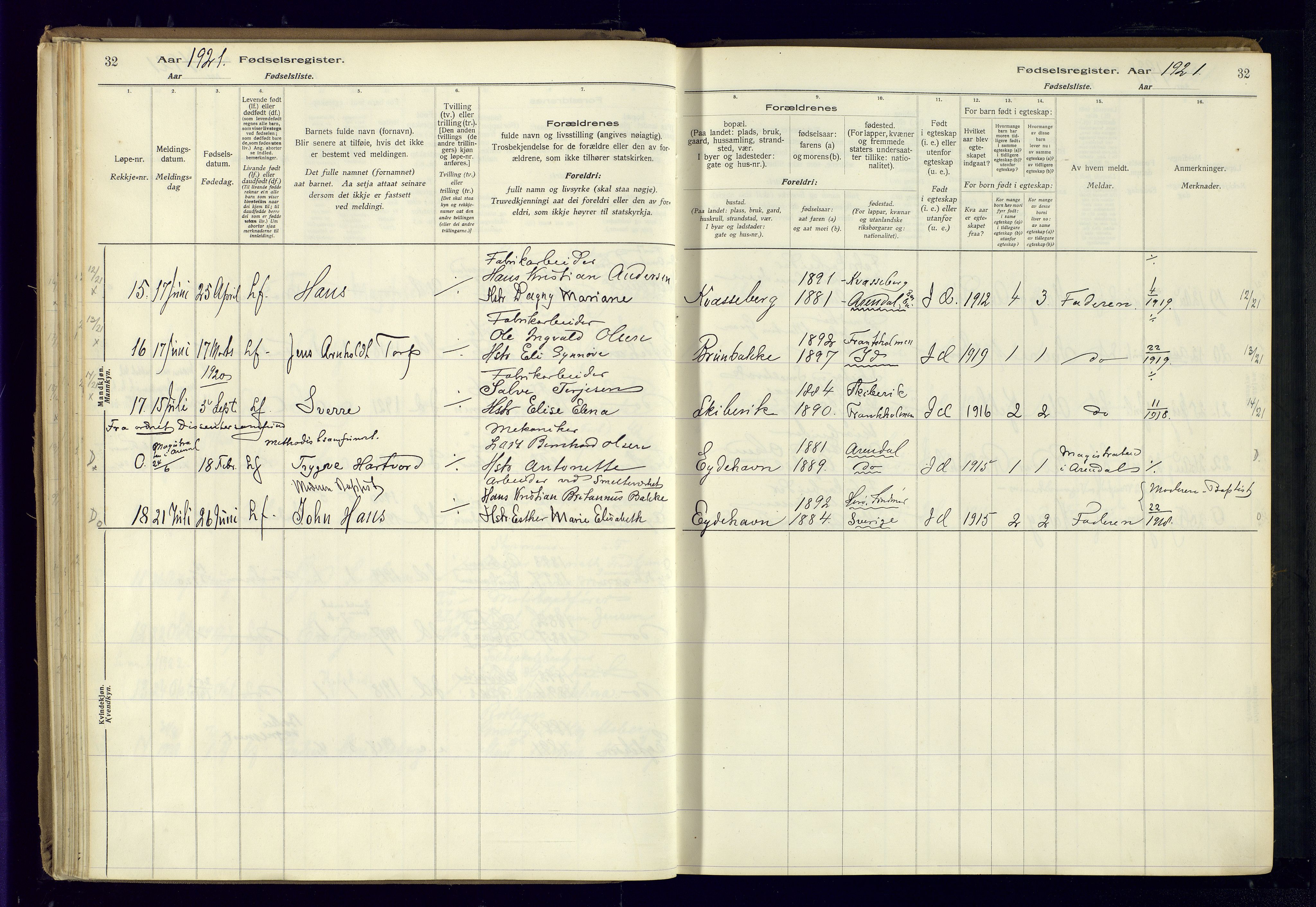 Austre Moland sokneprestkontor, AV/SAK-1111-0001/J/Ja/L0003: Birth register no. A-VI-27, 1916-1950, p. 32