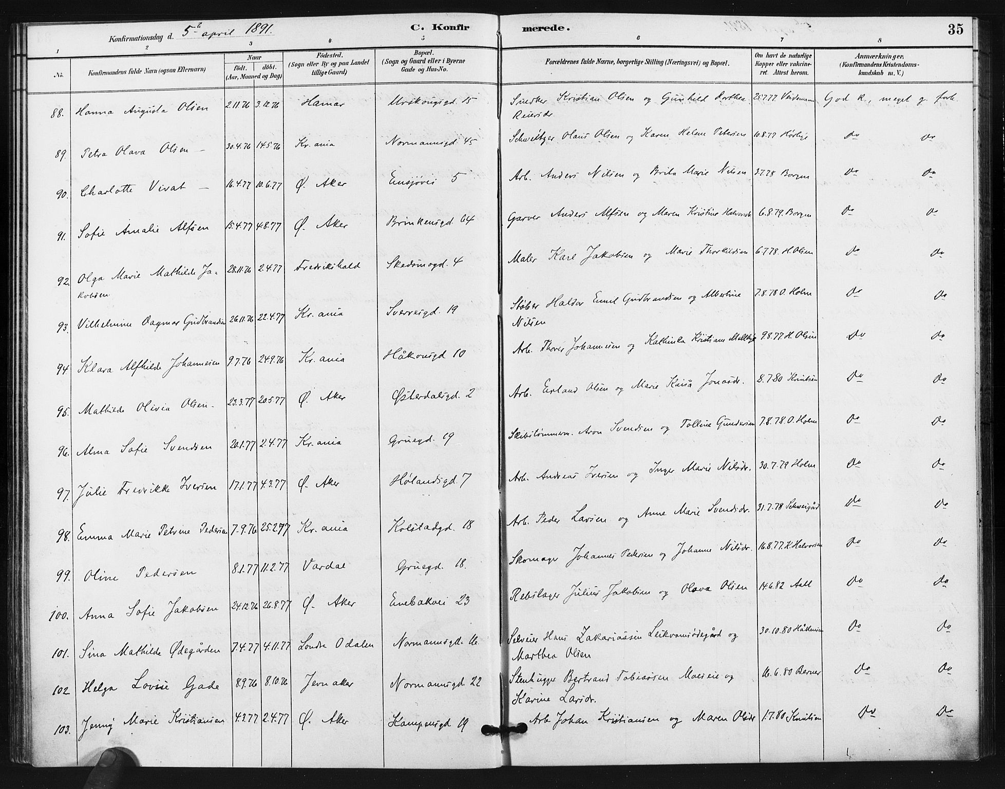 Kampen prestekontor Kirkebøker, AV/SAO-A-10853/F/Fa/L0006: Parish register (official) no. I 6, 1889-1896, p. 35