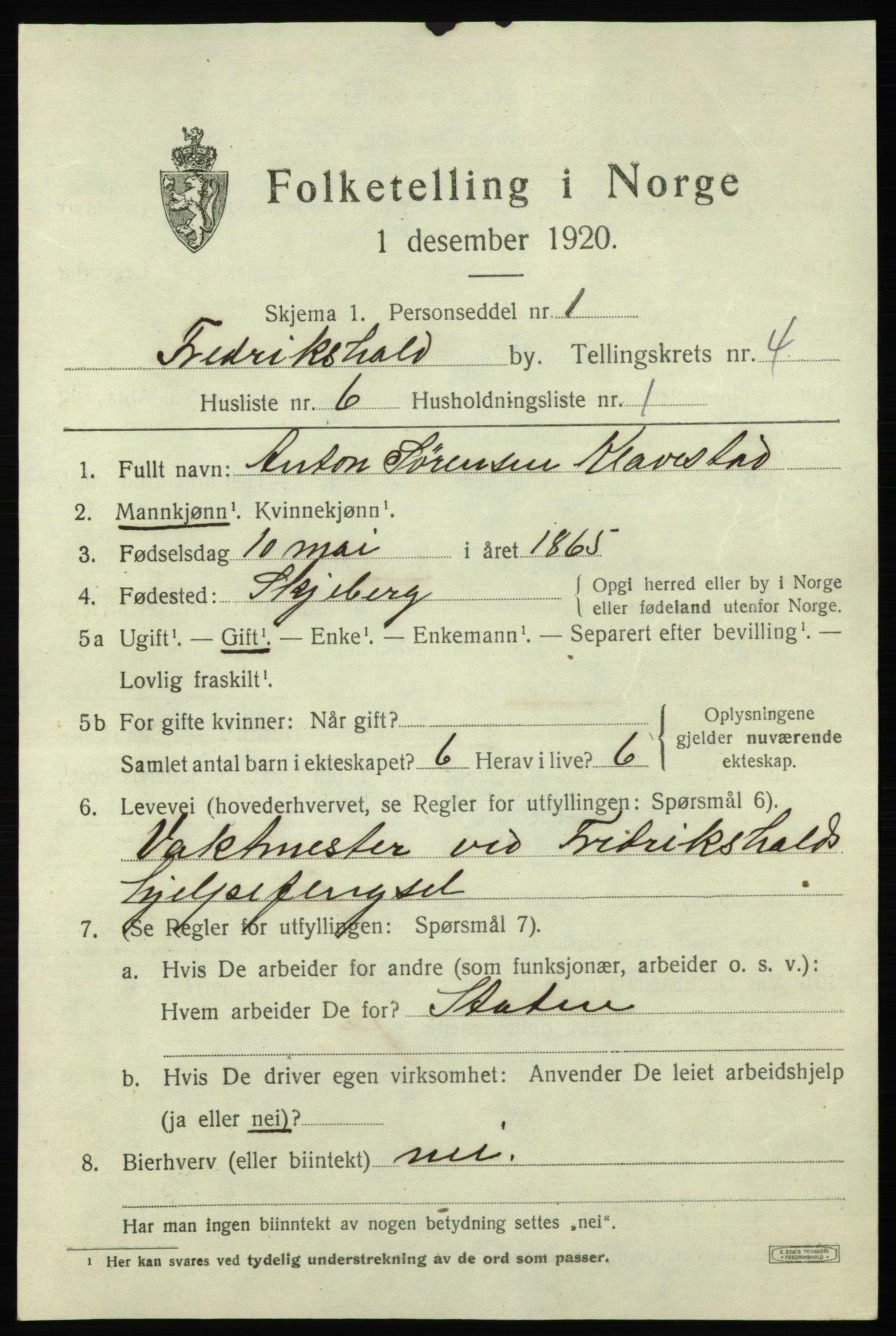 SAO, 1920 census for Fredrikshald, 1920, p. 11397