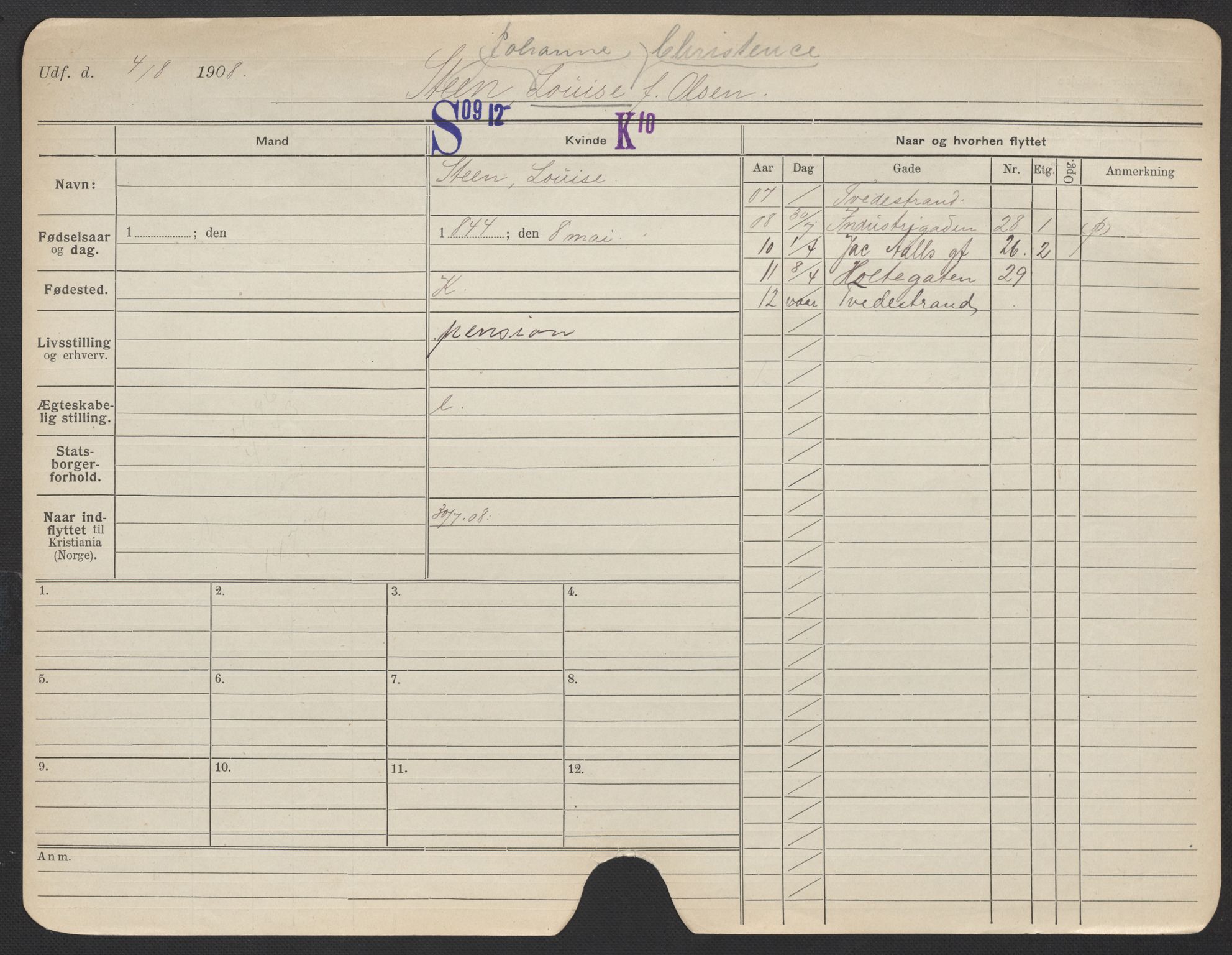 Oslo folkeregister, Registerkort, AV/SAO-A-11715/F/Fa/Fac/L0024: Kvinner, 1906-1914, p. 179a