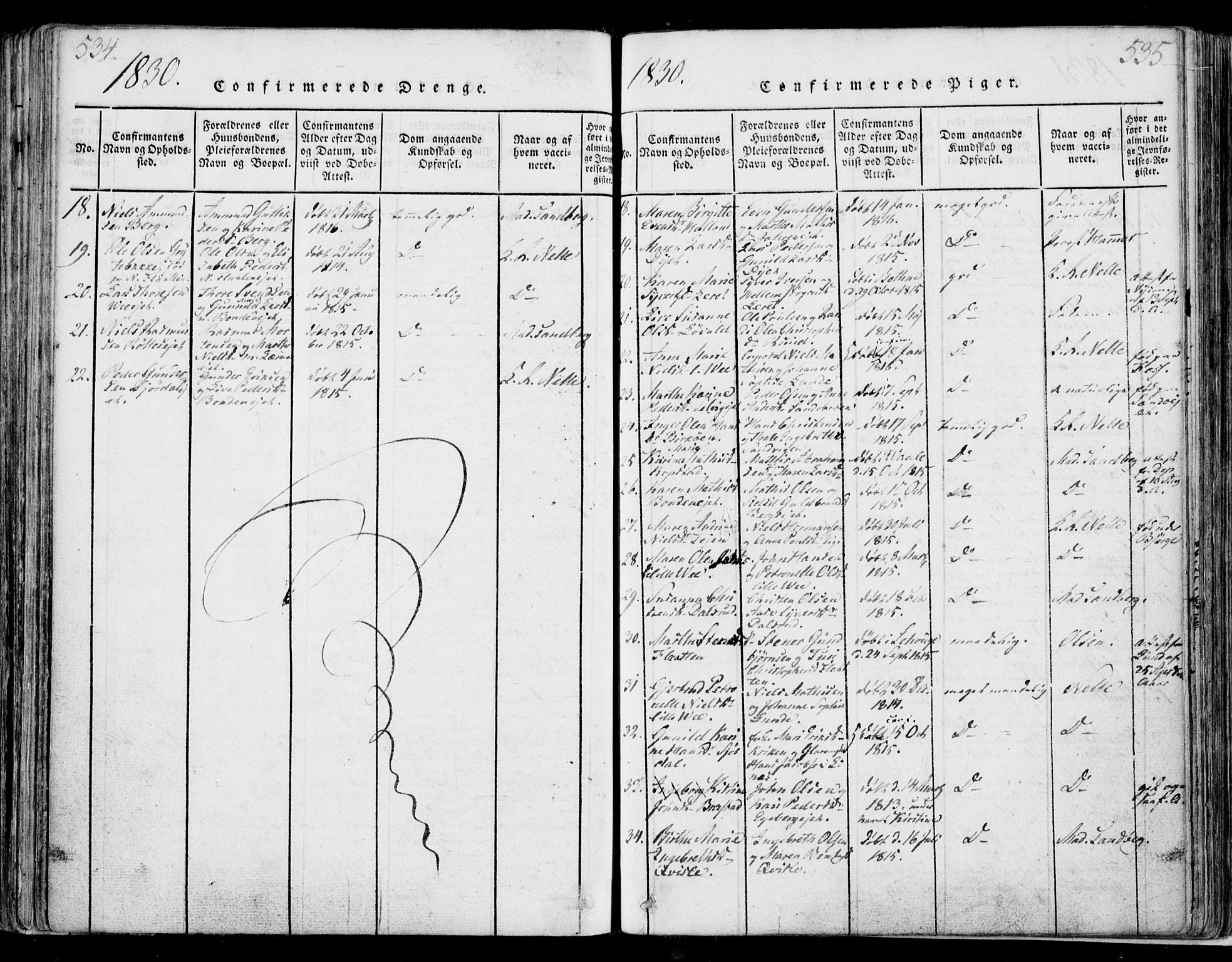 Sande Kirkebøker, SAKO/A-53/F/Fa/L0003: Parish register (official) no. 3, 1814-1847, p. 534-535