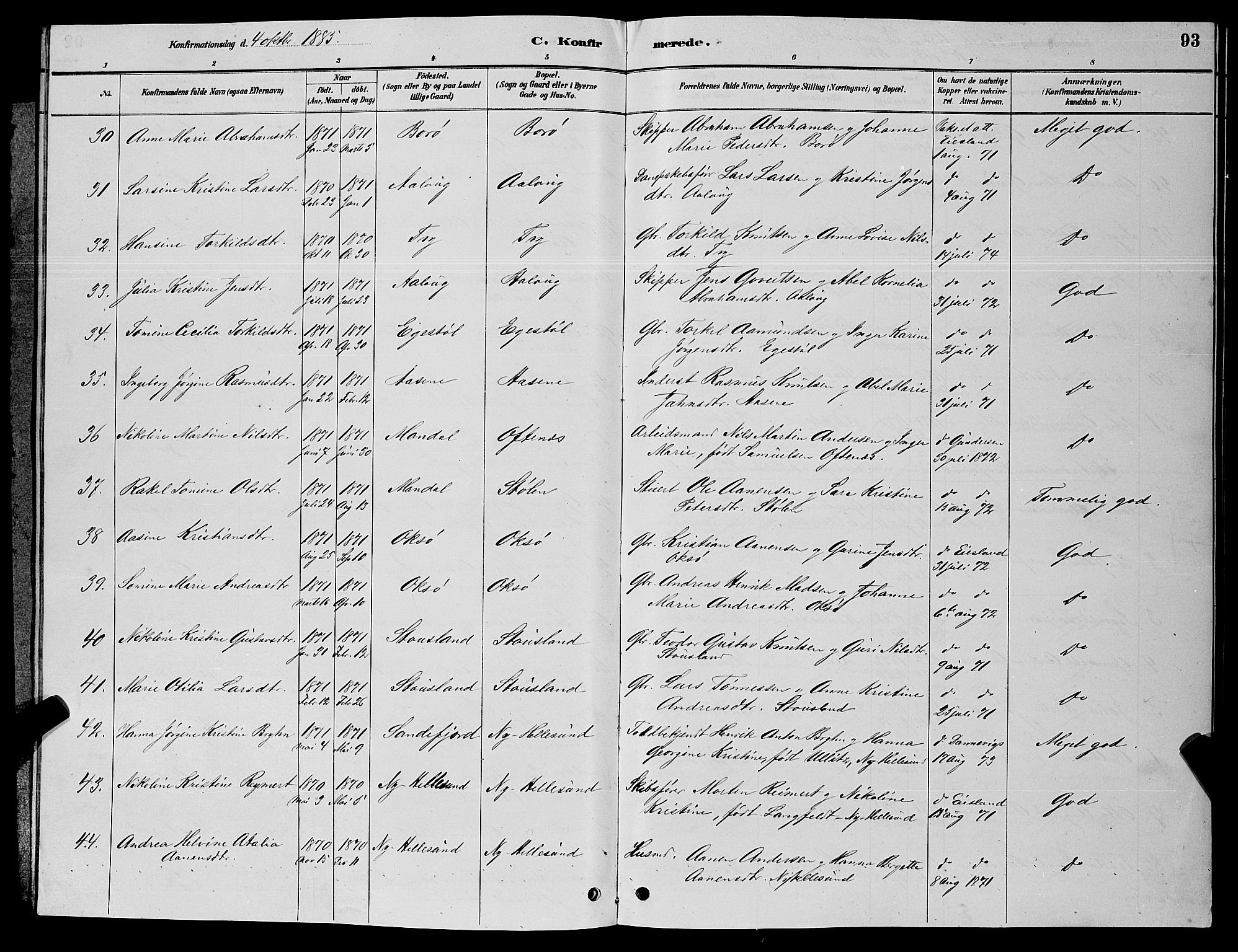 Søgne sokneprestkontor, SAK/1111-0037/F/Fb/Fbb/L0005: Parish register (copy) no. B 5, 1884-1891, p. 93
