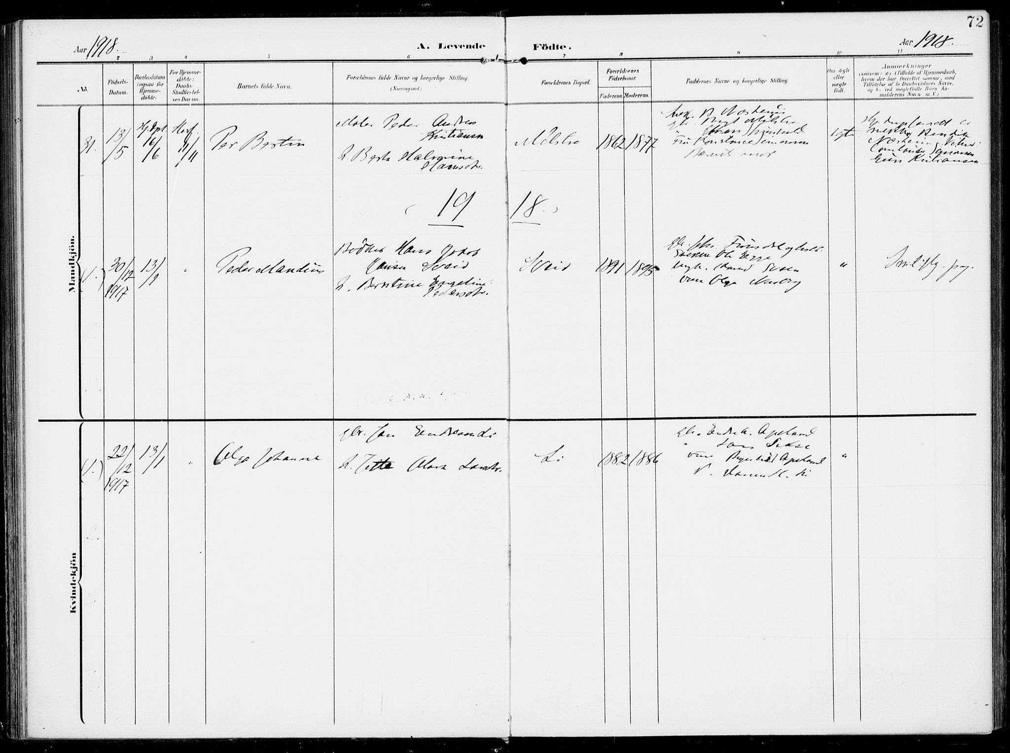 Sveio Sokneprestembete, SAB/A-78501/H/Haa: Parish register (official) no. B  4, 1906-1919, p. 72