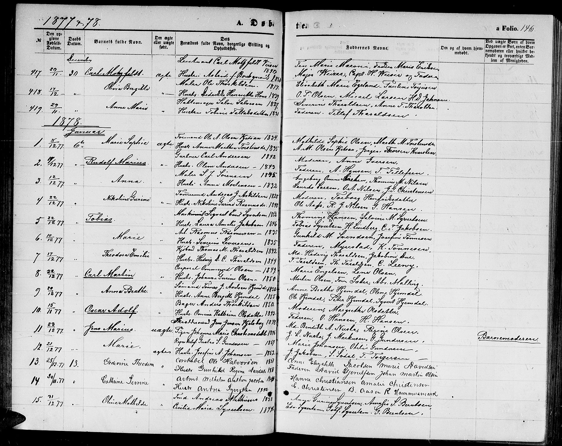 Kristiansand domprosti, SAK/1112-0006/F/Fb/L0013: Parish register (copy) no. B 13, 1871-1880, p. 146