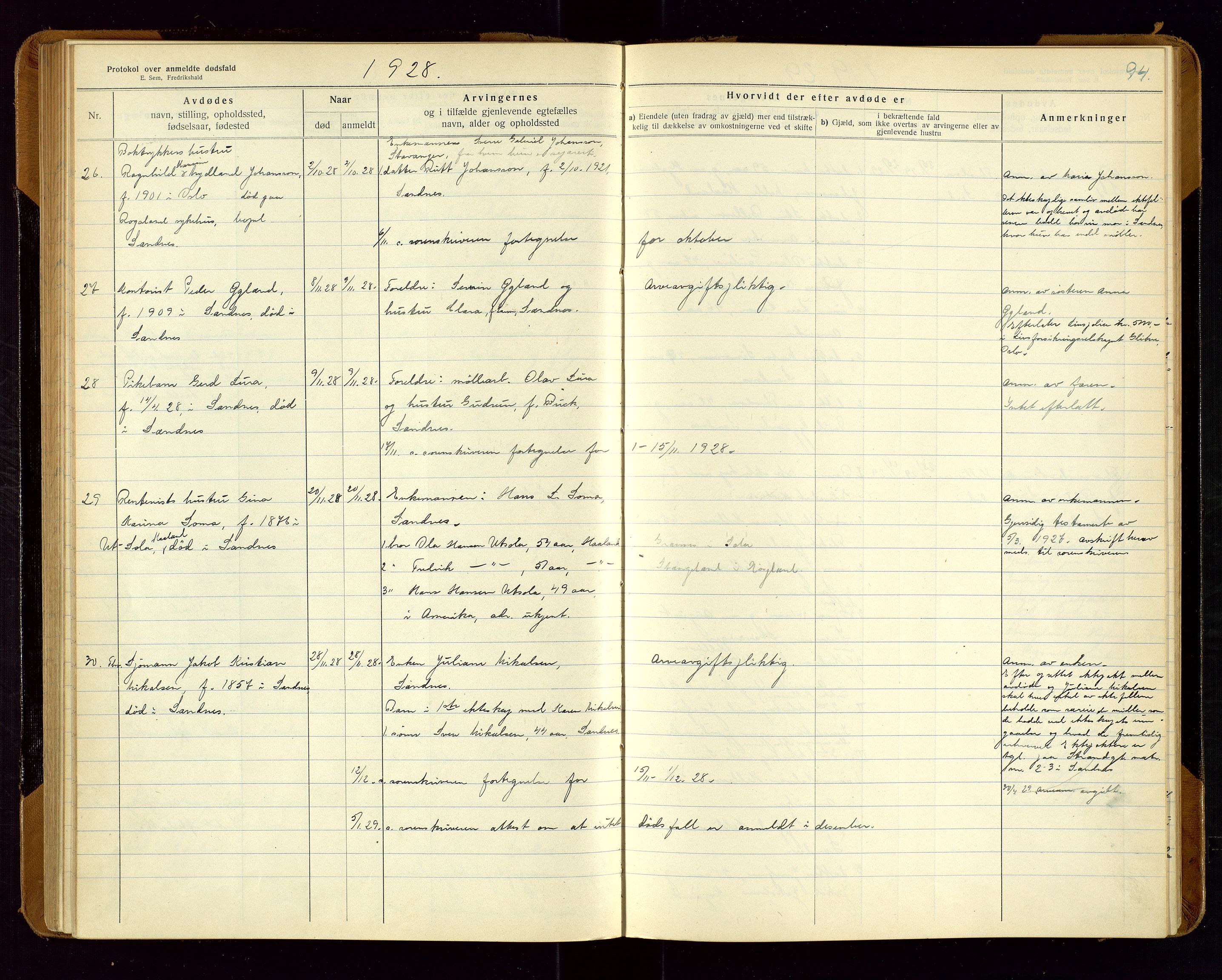 Sandnes lensmannskontor, AV/SAST-A-100167/Gga/L0001: "Protokol over anmeldte dødsfald" m/register, 1918-1940, p. 94