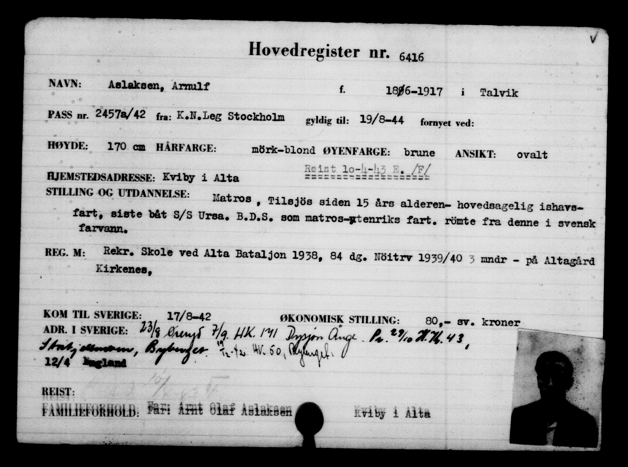 Utenriksstasjonene, Legasjonen i Stockholm, Flyktningkontoret, AV/RA-S-6753/V/Va/L0004: Kjesäterkartoteket, flyktninger med registreringsnr. 3496-6610, 1940-1945, p. 3454
