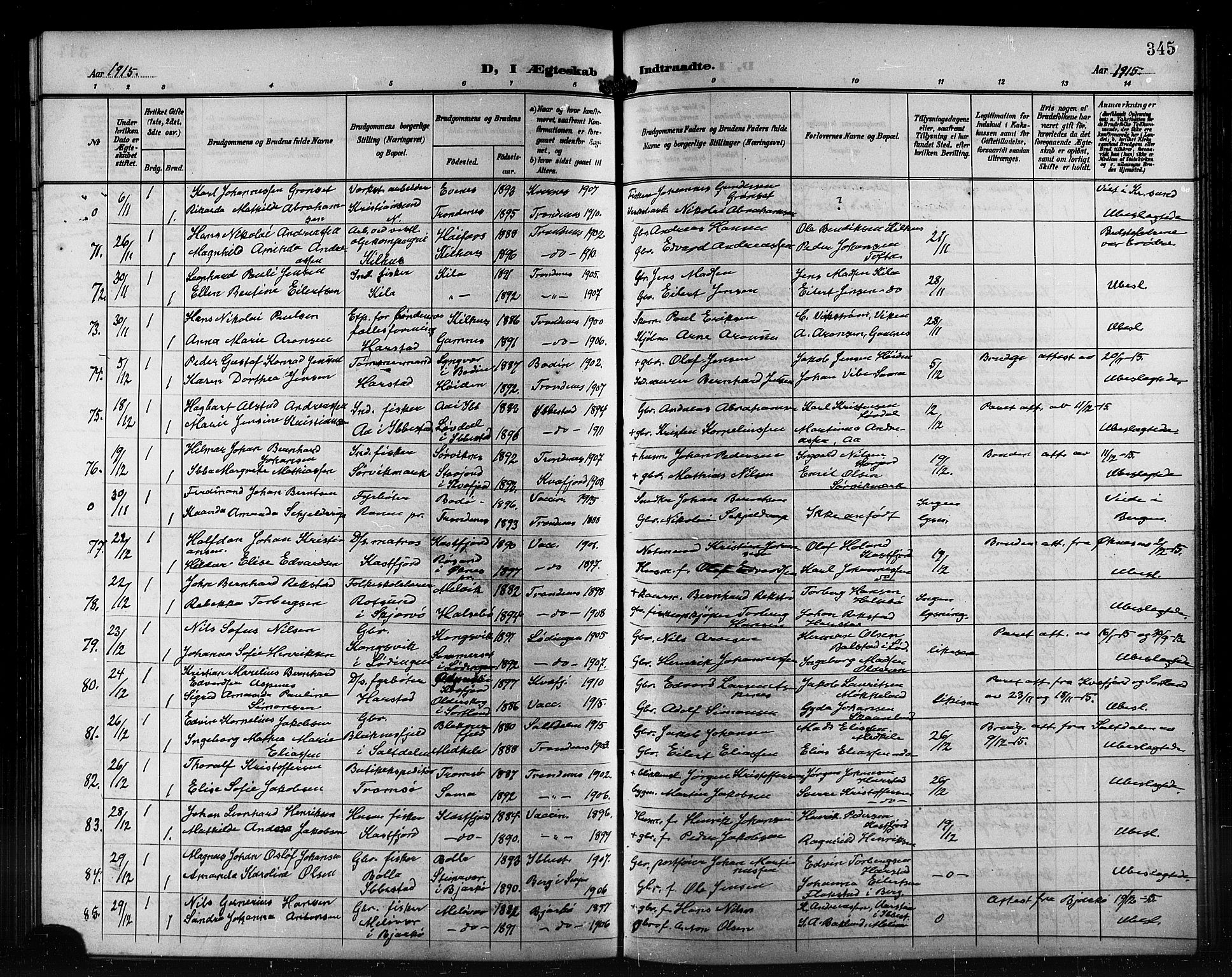 Trondenes sokneprestkontor, AV/SATØ-S-1319/H/Hb/L0012klokker: Parish register (copy) no. 12, 1907-1916, p. 345