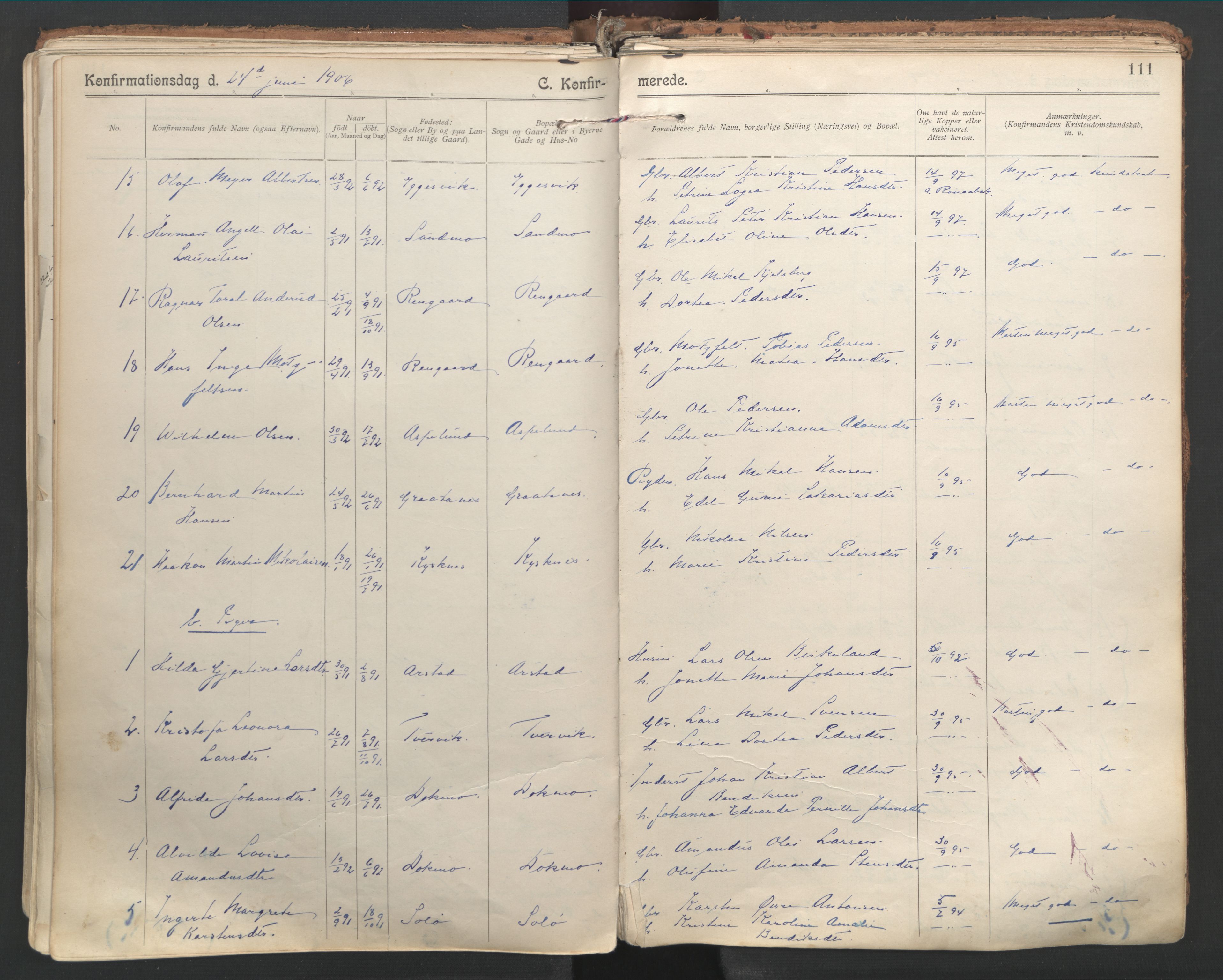 Ministerialprotokoller, klokkerbøker og fødselsregistre - Nordland, SAT/A-1459/846/L0647: Parish register (official) no. 846A05, 1902-1915, p. 111