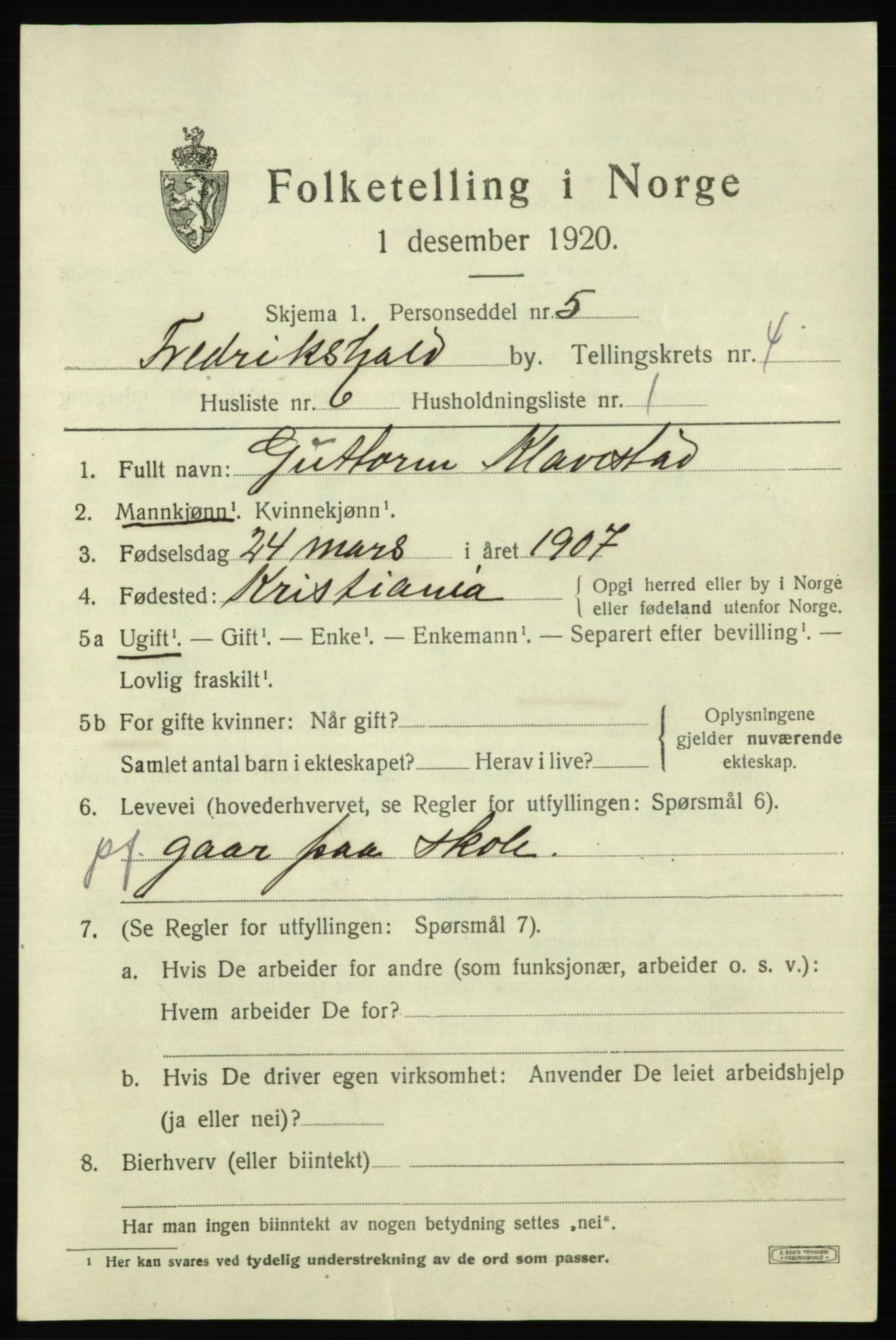 SAO, 1920 census for Fredrikshald, 1920, p. 11405