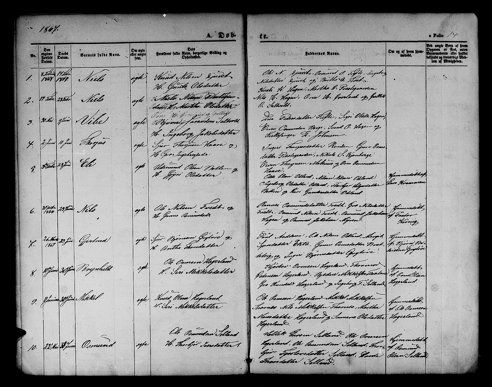 Røldal sokneprestembete, SAB/A-100247: Parish register (copy) no. A 2, 1861-1886, p. 14