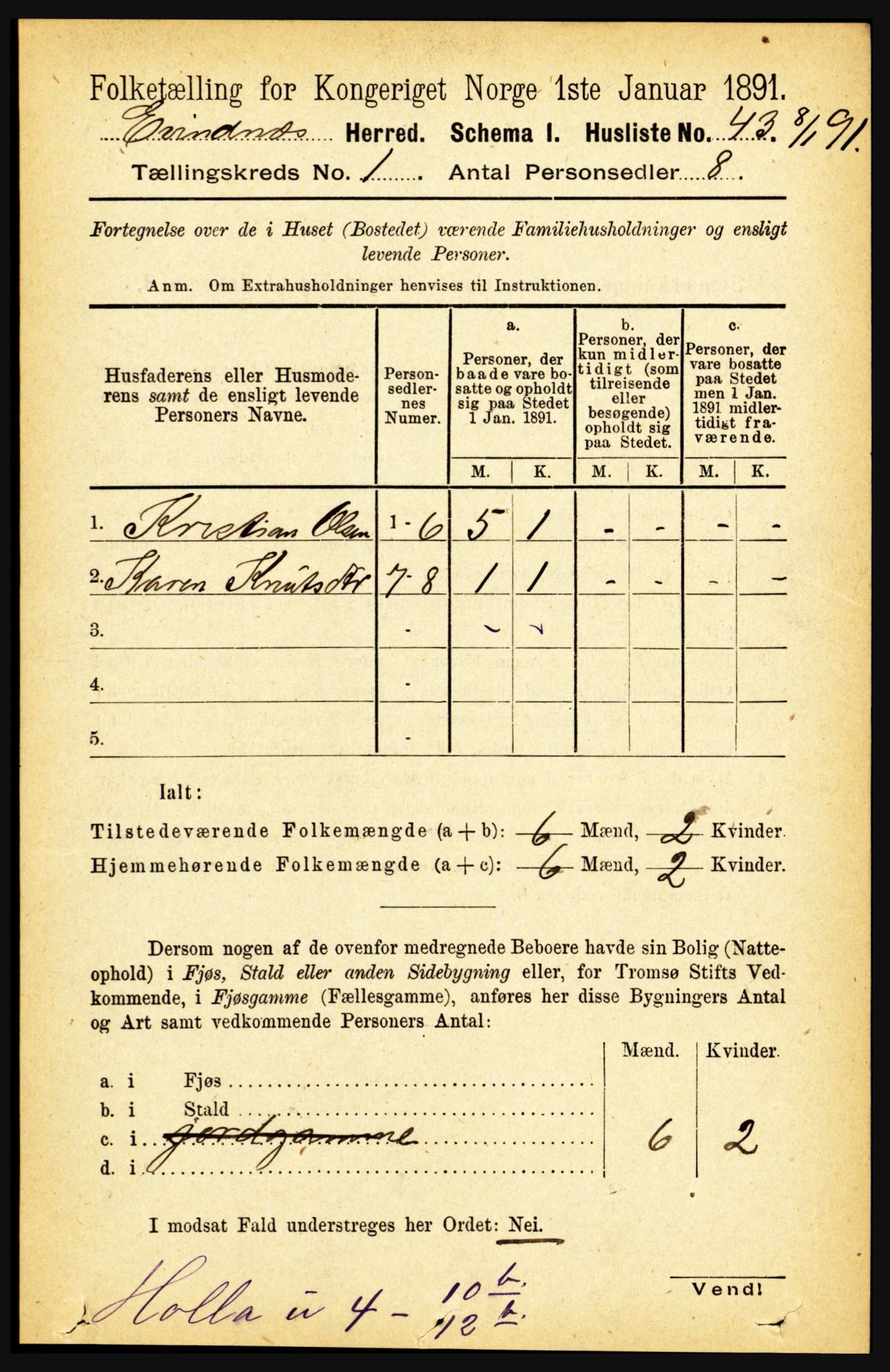 RA, 1891 census for 1853 Evenes, 1891, p. 71