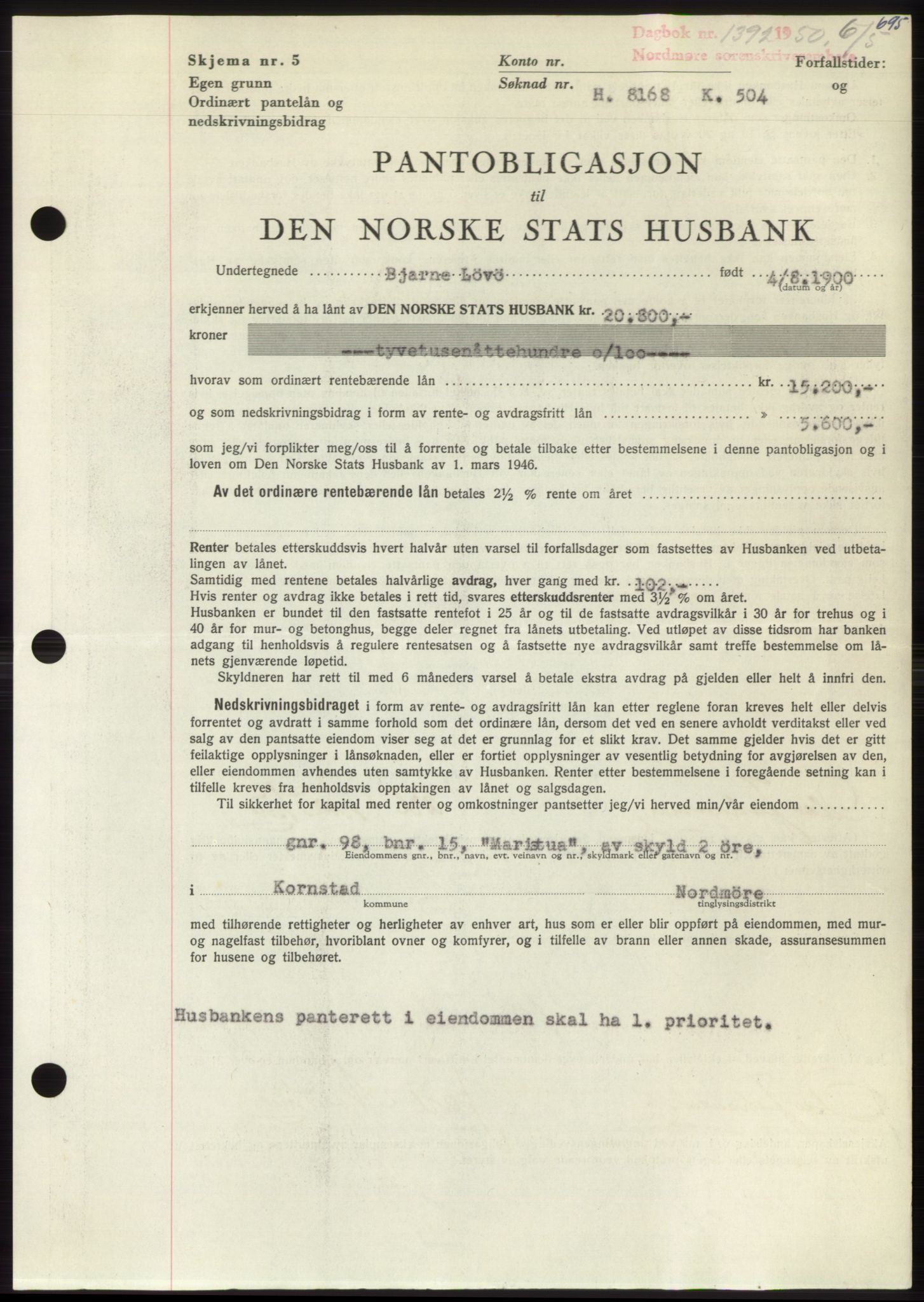 Nordmøre sorenskriveri, AV/SAT-A-4132/1/2/2Ca: Mortgage book no. B104, 1950-1950, Diary no: : 1392/1950