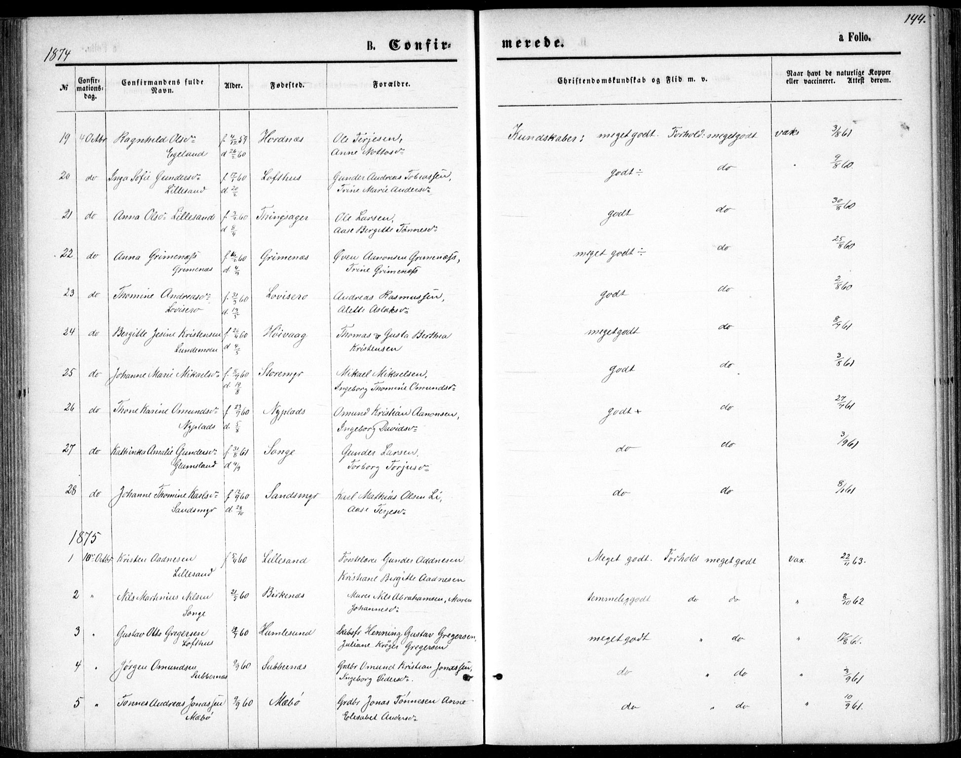 Vestre Moland sokneprestkontor, SAK/1111-0046/F/Fb/Fbb/L0005: Parish register (copy) no. B 5, 1872-1883, p. 144