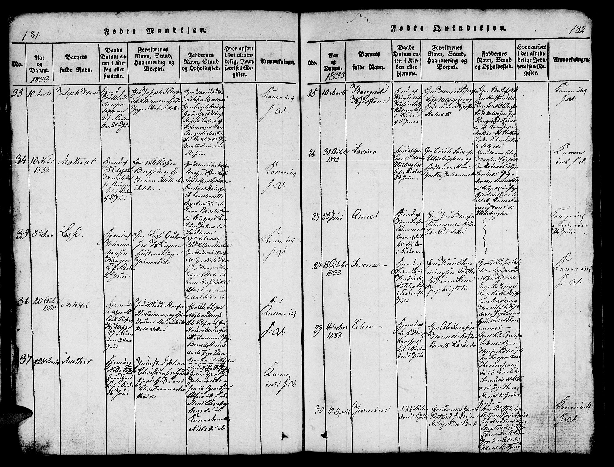 Skjervøy sokneprestkontor, SATØ/S-1300/H/Ha/Hab/L0001klokker: Parish register (copy) no. 1, 1825-1838, p. 181-182