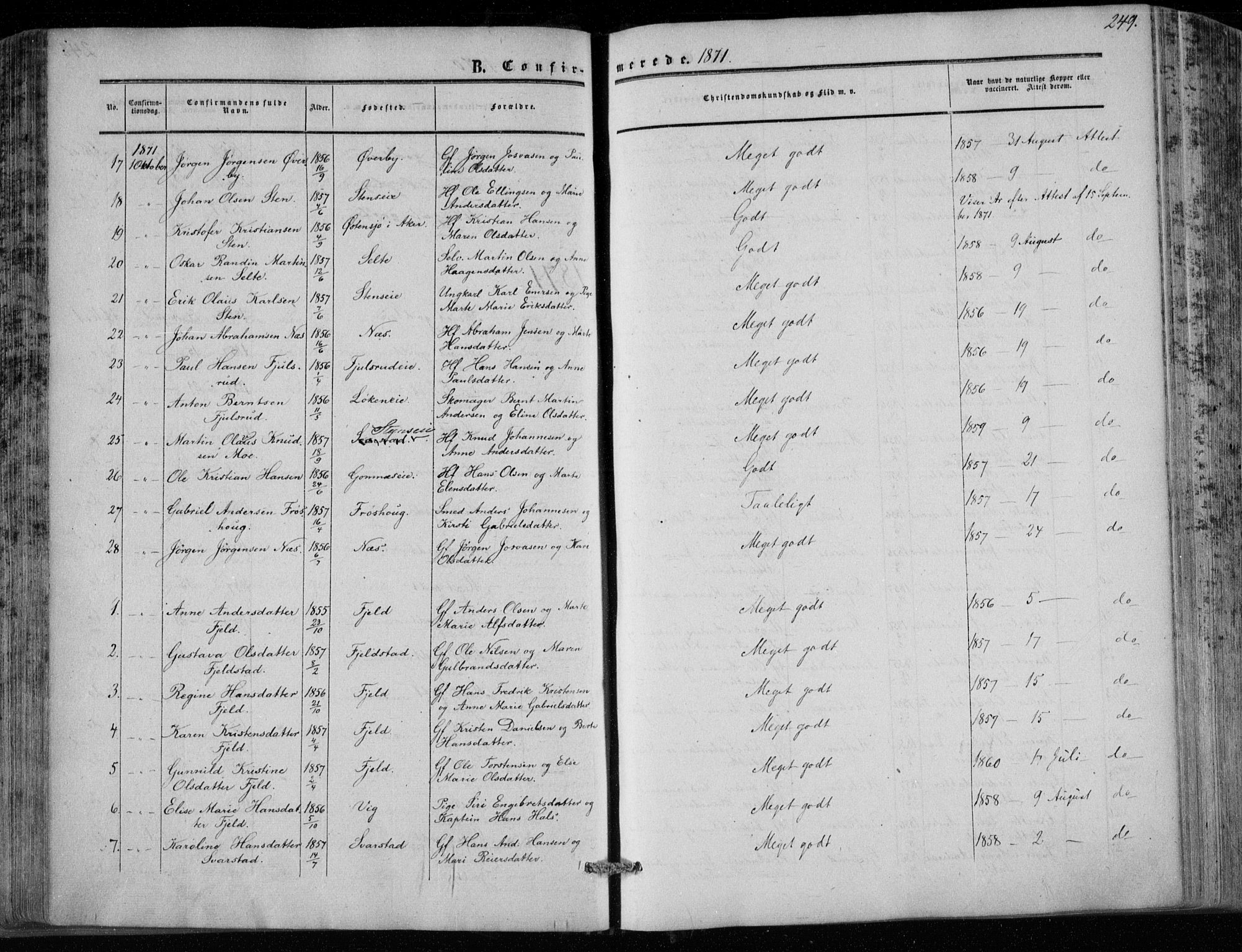 Hole kirkebøker, SAKO/A-228/F/Fa/L0006: Parish register (official) no. I 6, 1852-1872, p. 249