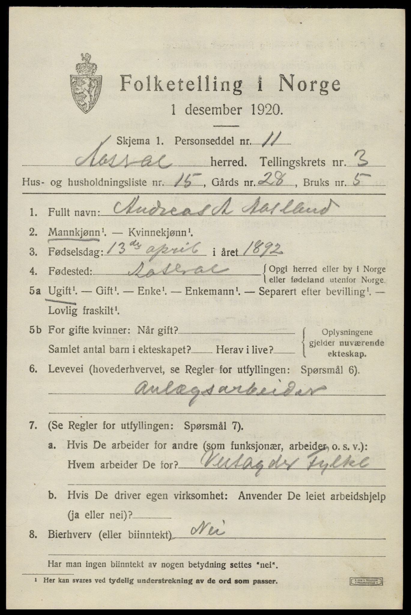 SAK, 1920 census for Åseral, 1920, p. 1136