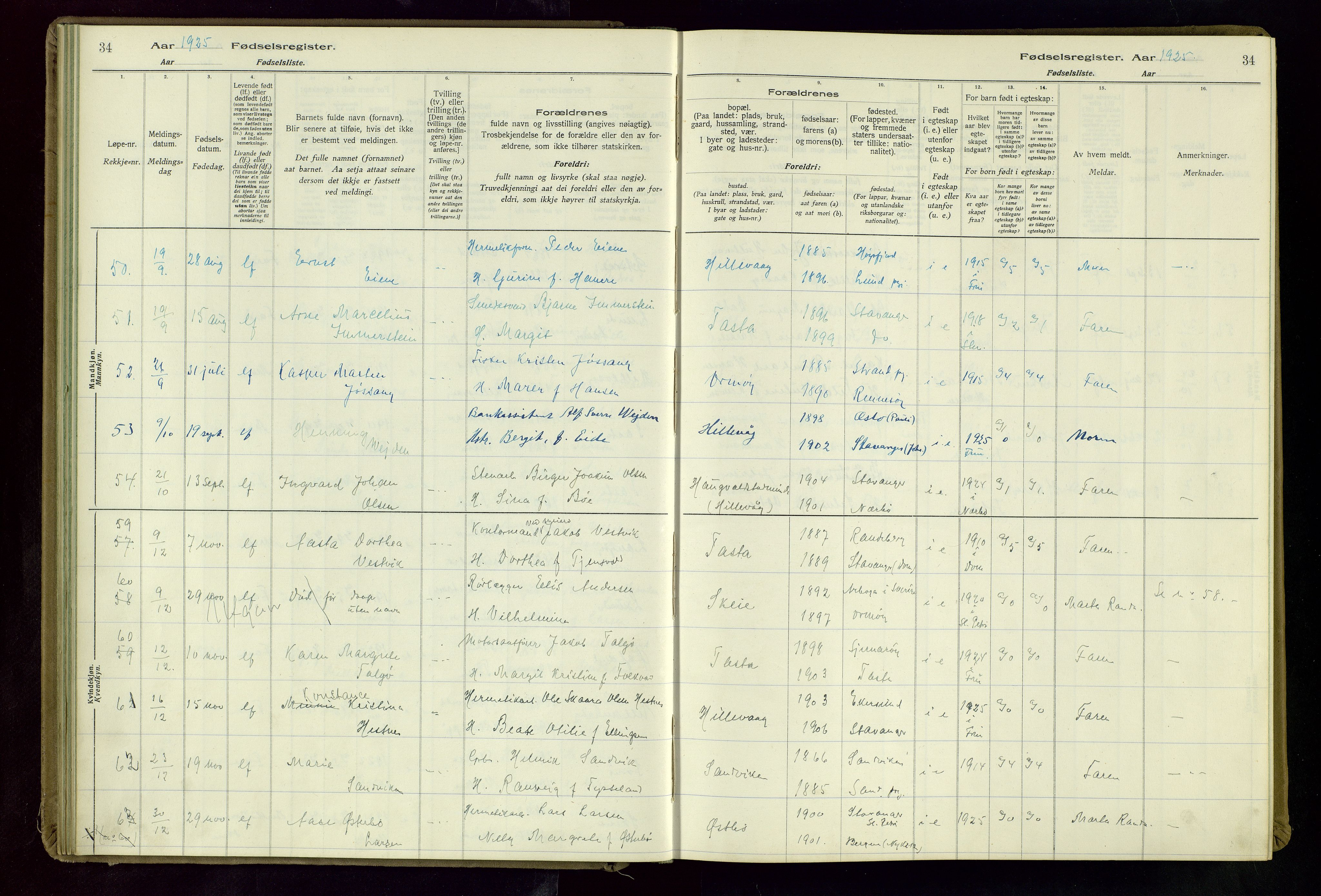 Hetland sokneprestkontor, AV/SAST-A-101826/70/704BA/L0004: Birth register no. 4, 1923-1937, p. 34