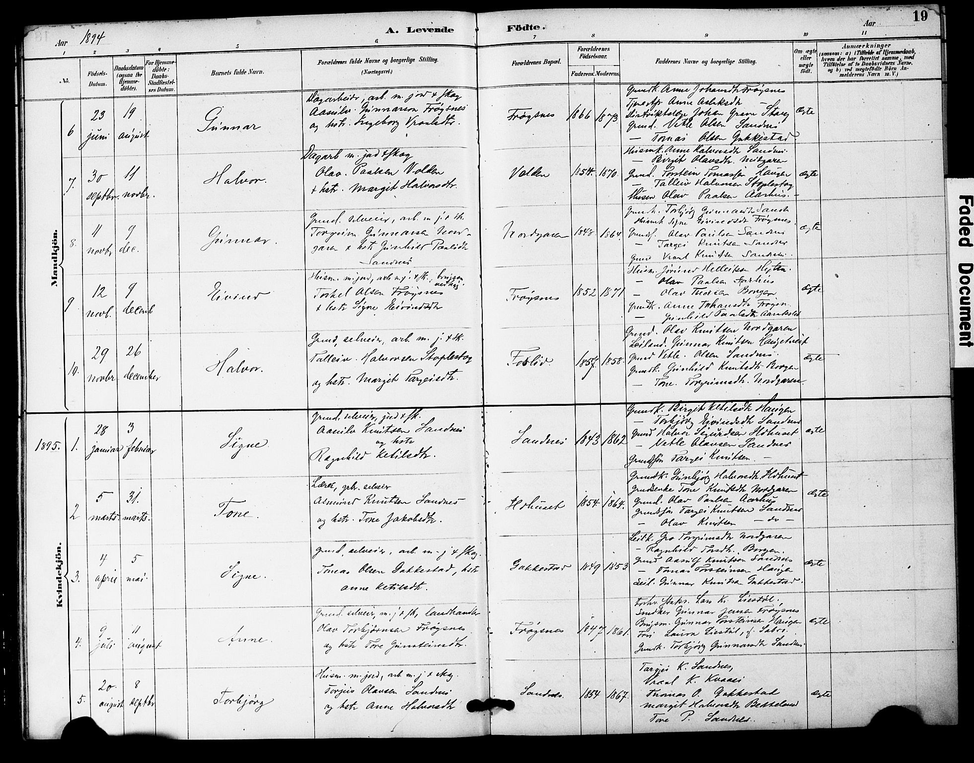Bygland sokneprestkontor, SAK/1111-0006/F/Fa/Fac/L0001: Parish register (official) no. A 1, 1885-1909, p. 19