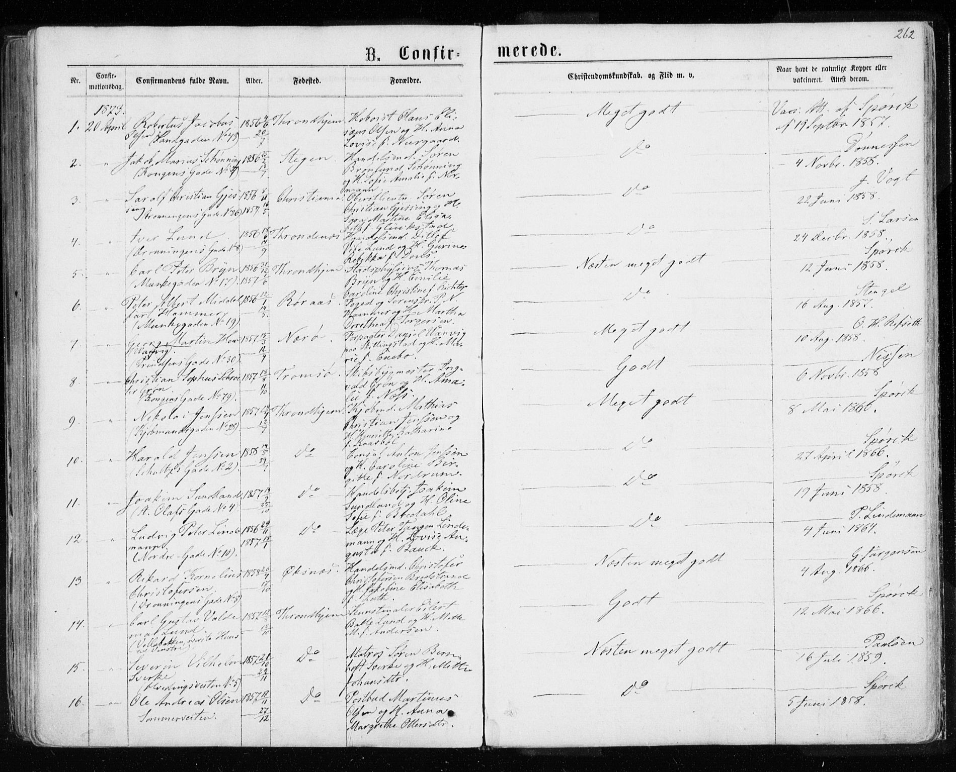 Ministerialprotokoller, klokkerbøker og fødselsregistre - Sør-Trøndelag, SAT/A-1456/601/L0054: Parish register (official) no. 601A22, 1866-1877, p. 262