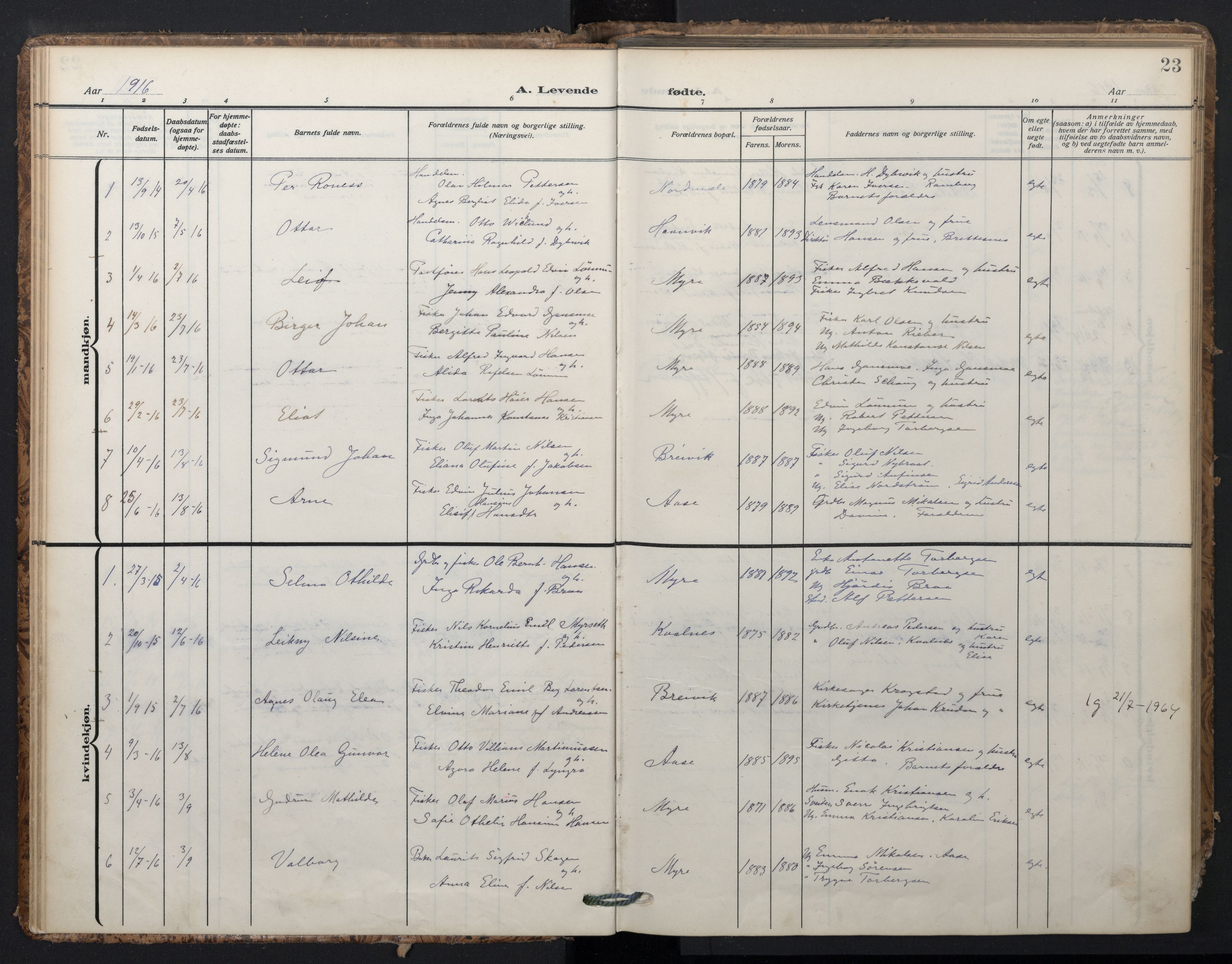 Ministerialprotokoller, klokkerbøker og fødselsregistre - Nordland, SAT/A-1459/897/L1401: Parish register (official) no. 897A08, 1909-1921, p. 23