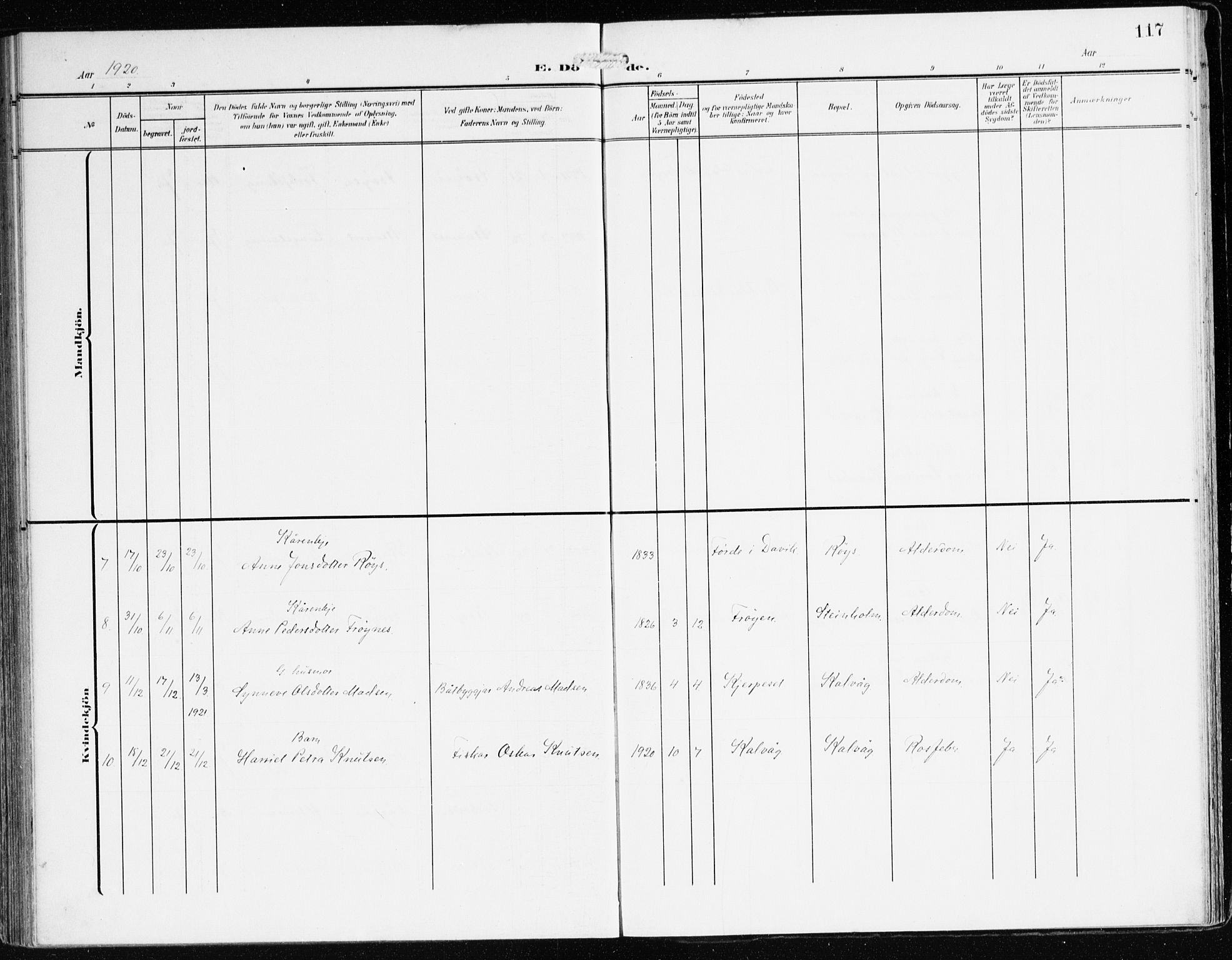 Bremanger sokneprestembete, AV/SAB-A-82201/H/Haa/Haab/L0003: Parish register (official) no. B 3, 1908-1925, p. 117