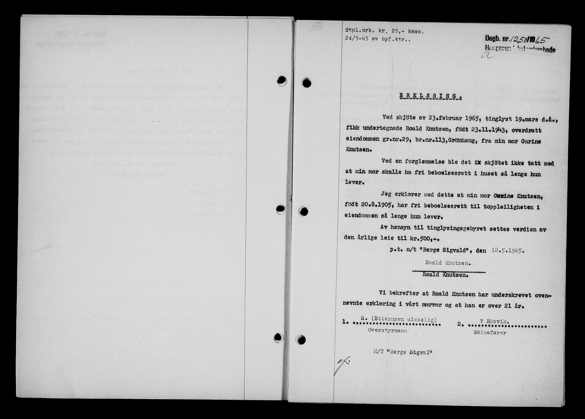 Haugesund tingrett, AV/SAST-A-101415/01/II/IIC/L0076: Mortgage book no. A 17, 1965-1966, Diary no: : 1250/1965