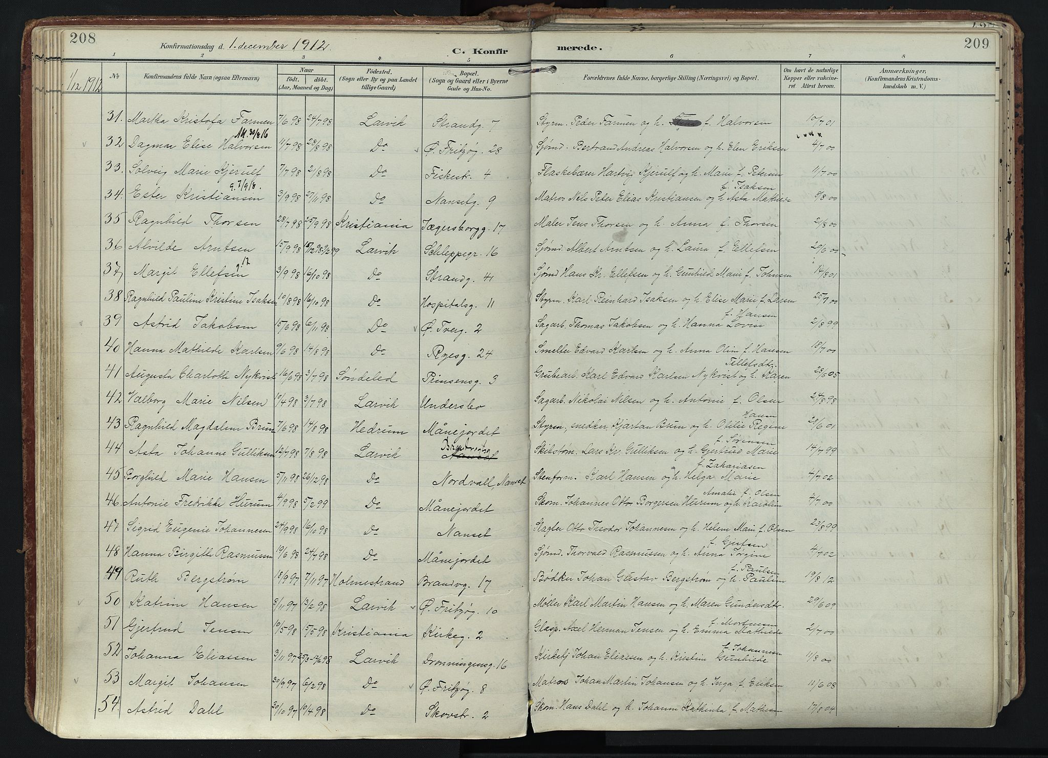 Larvik kirkebøker, AV/SAKO-A-352/F/Fa/L0011: Parish register (official) no. I 11, 1902-1922, p. 208-209