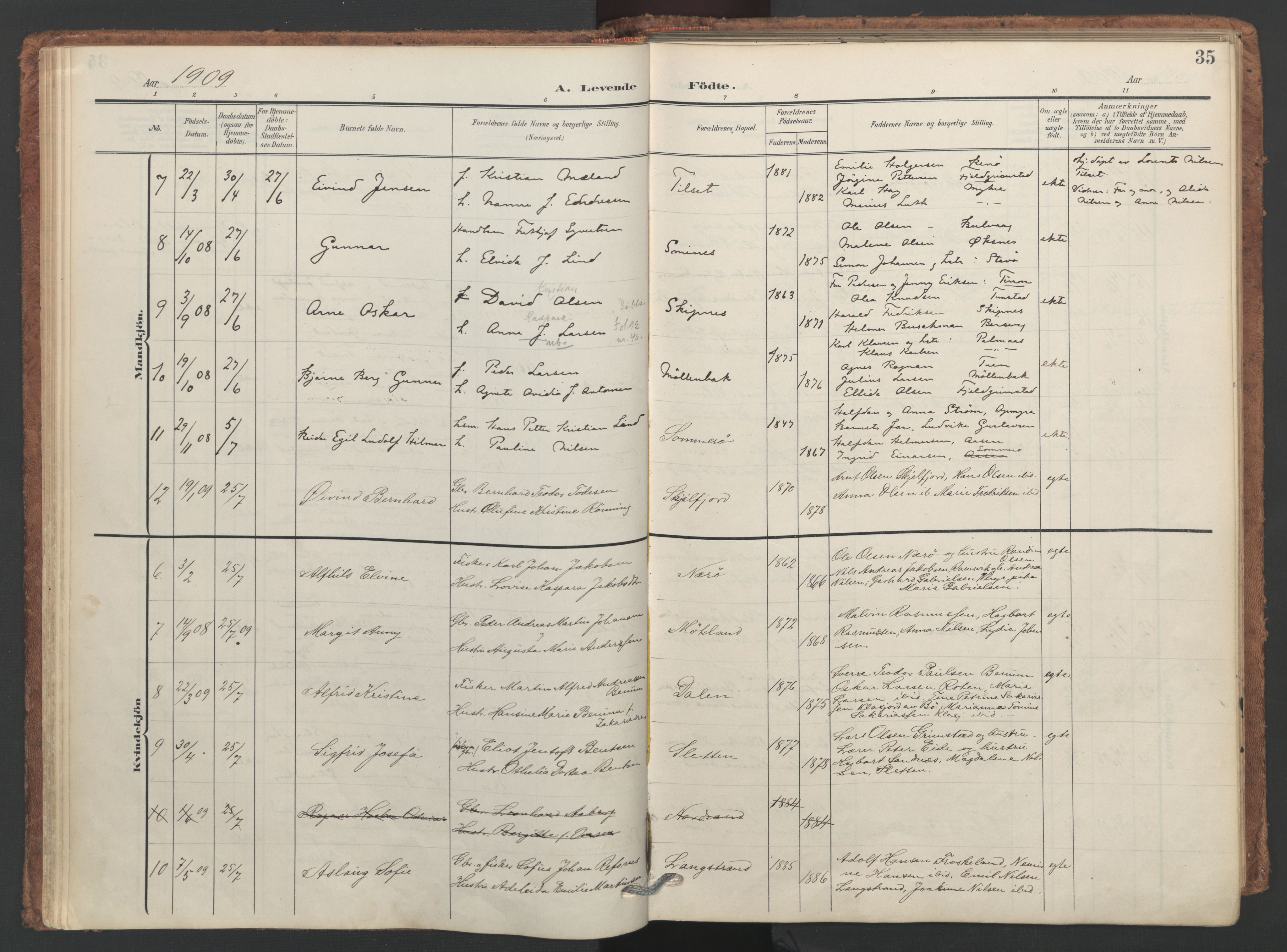 Ministerialprotokoller, klokkerbøker og fødselsregistre - Nordland, SAT/A-1459/893/L1339: Parish register (official) no. 893A11, 1904-1914, p. 35