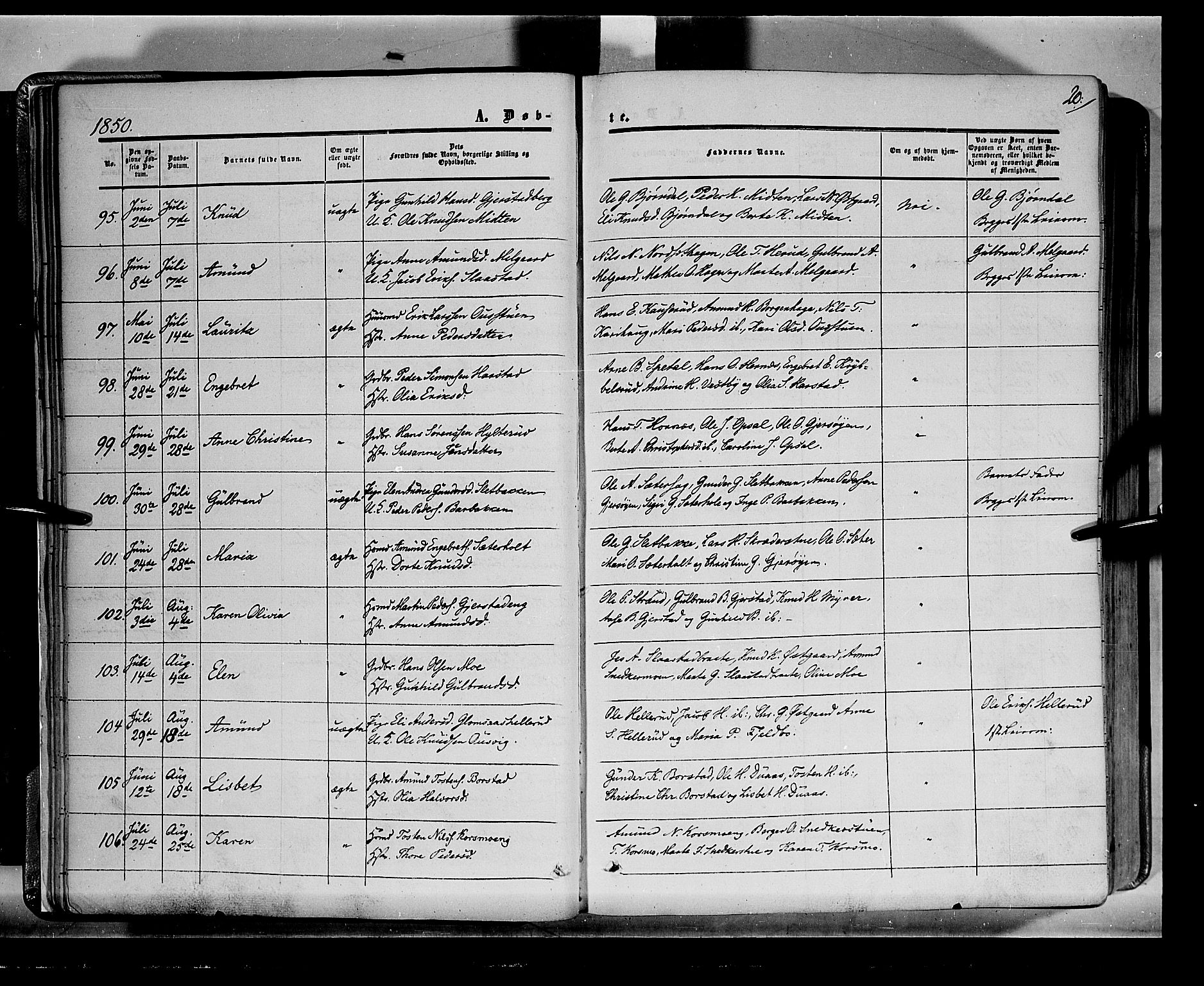 Sør-Odal prestekontor, AV/SAH-PREST-030/H/Ha/Haa/L0001: Parish register (official) no. 1, 1849-1859, p. 20