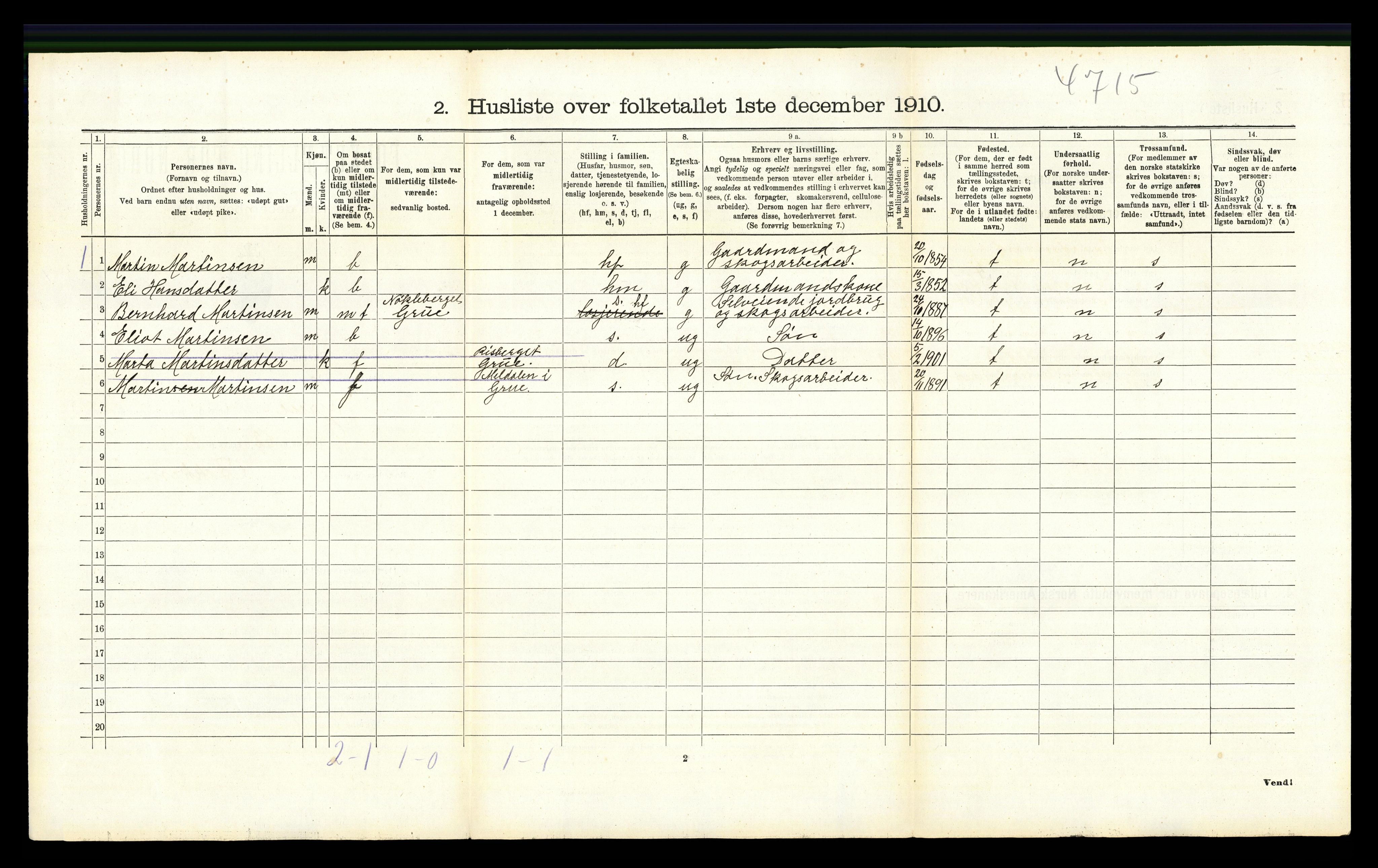 RA, 1910 census for Grue, 1910, p. 1714