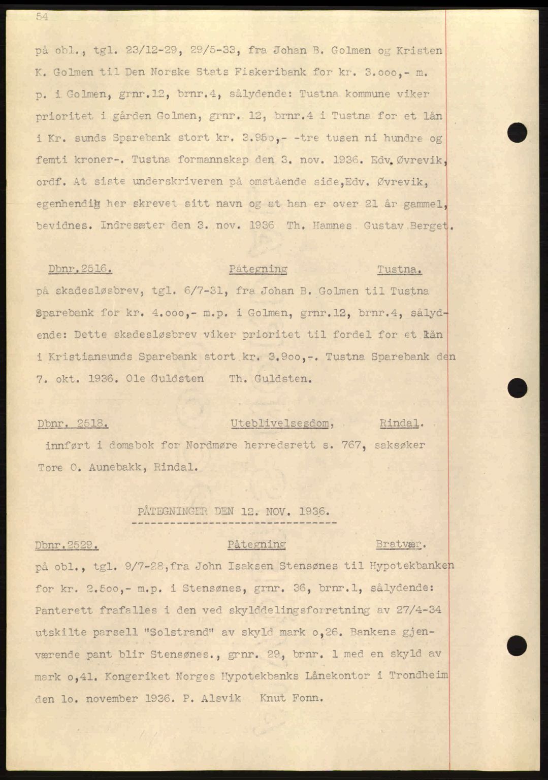 Nordmøre sorenskriveri, AV/SAT-A-4132/1/2/2Ca: Mortgage book no. C80, 1936-1939, Diary no: : 2516/1936