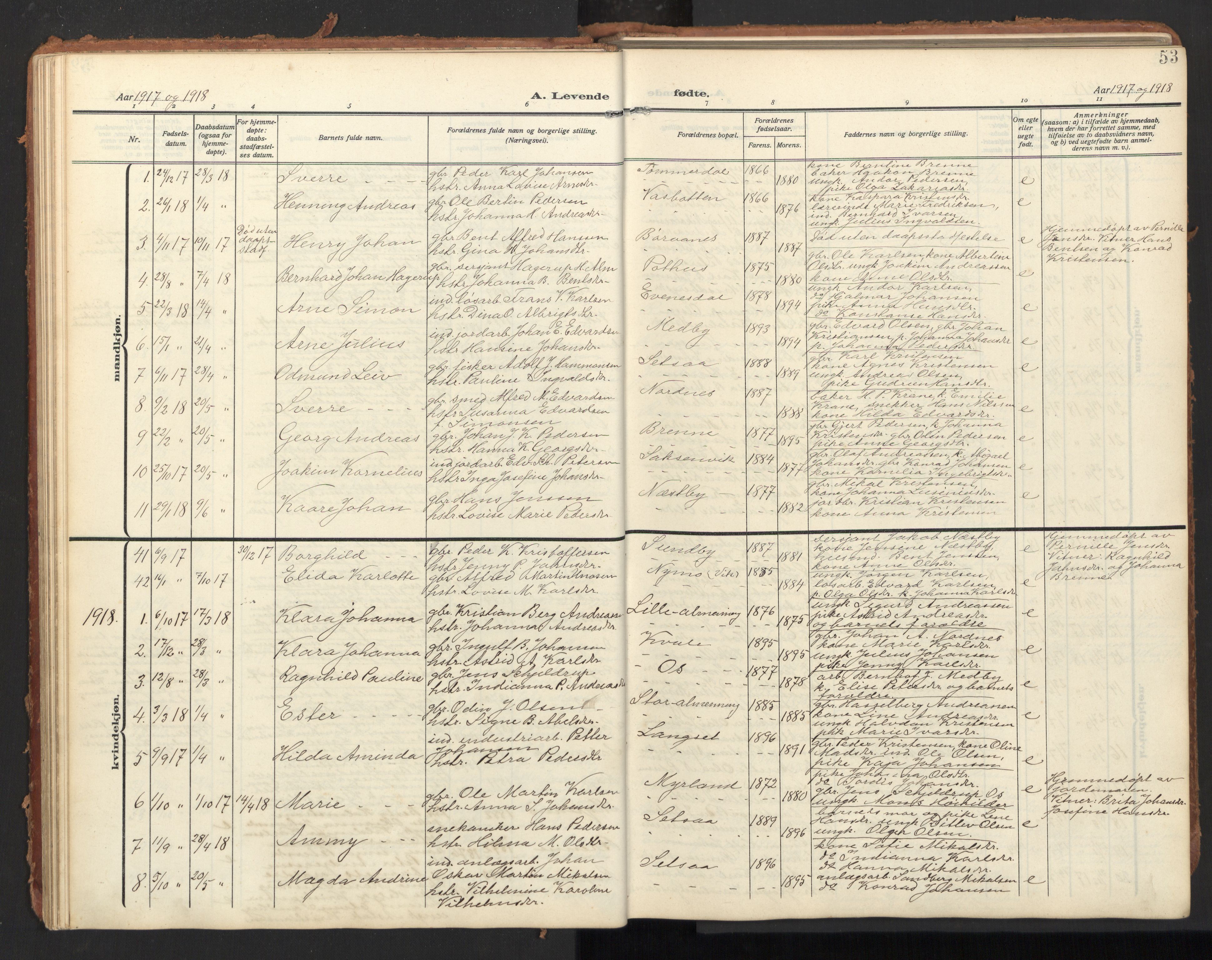 Ministerialprotokoller, klokkerbøker og fødselsregistre - Nordland, SAT/A-1459/847/L0683: Parish register (copy) no. 847C11, 1908-1929, p. 53