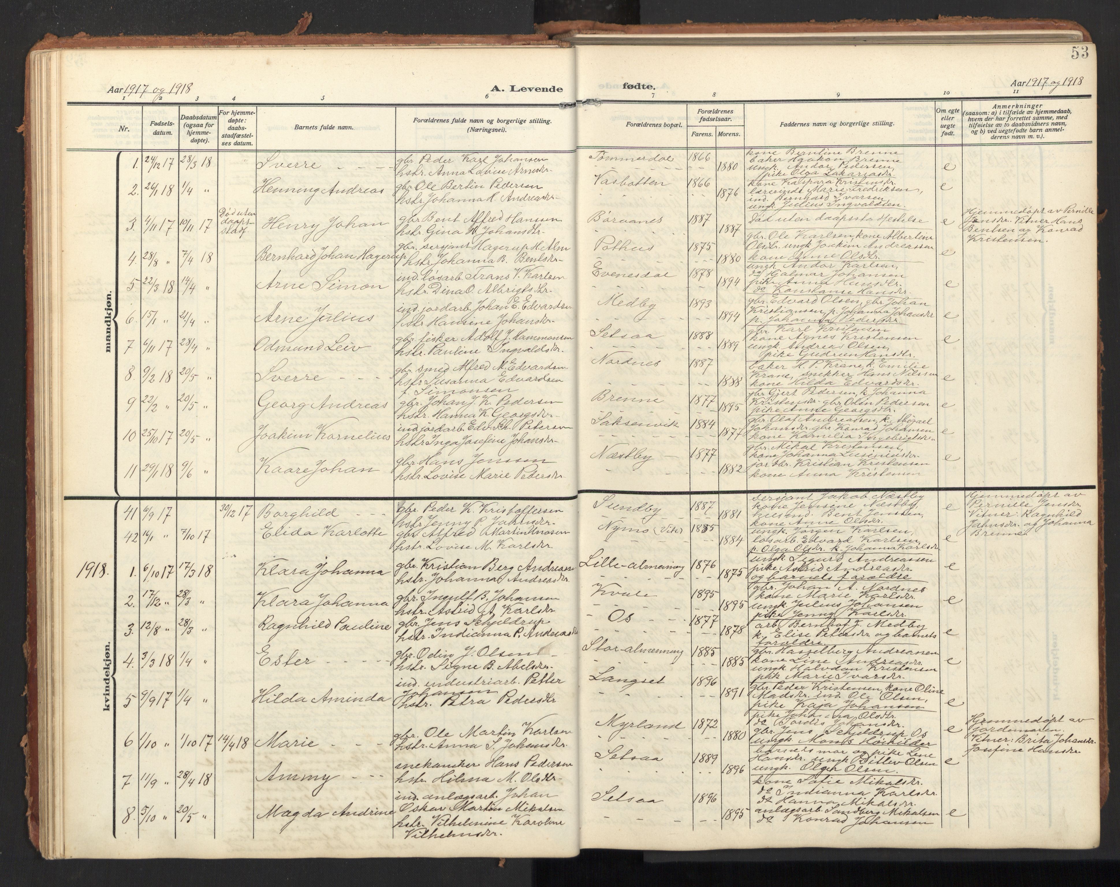 Ministerialprotokoller, klokkerbøker og fødselsregistre - Nordland, AV/SAT-A-1459/847/L0683: Parish register (copy) no. 847C11, 1908-1929, p. 53