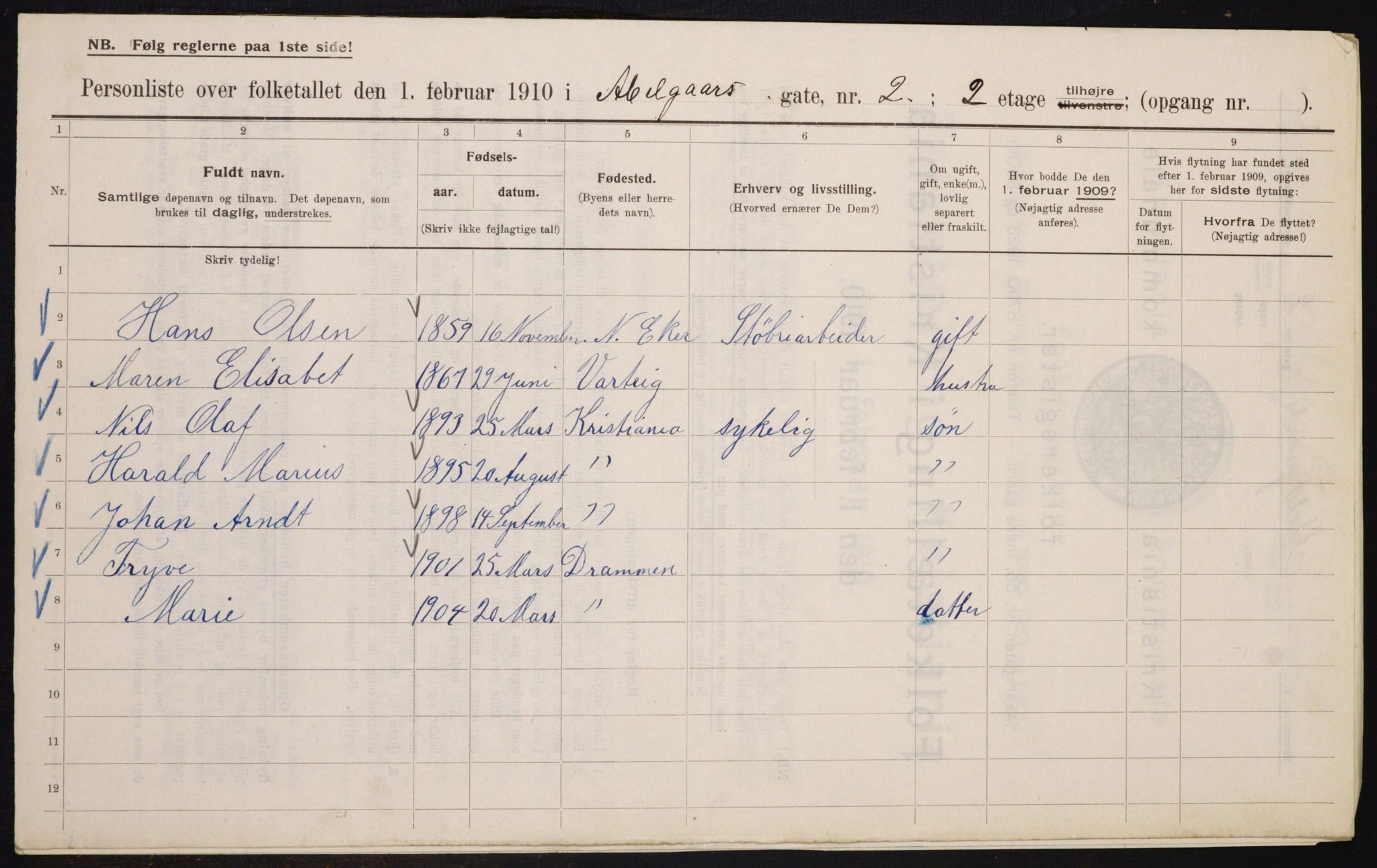 OBA, Municipal Census 1910 for Kristiania, 1910, p. 8