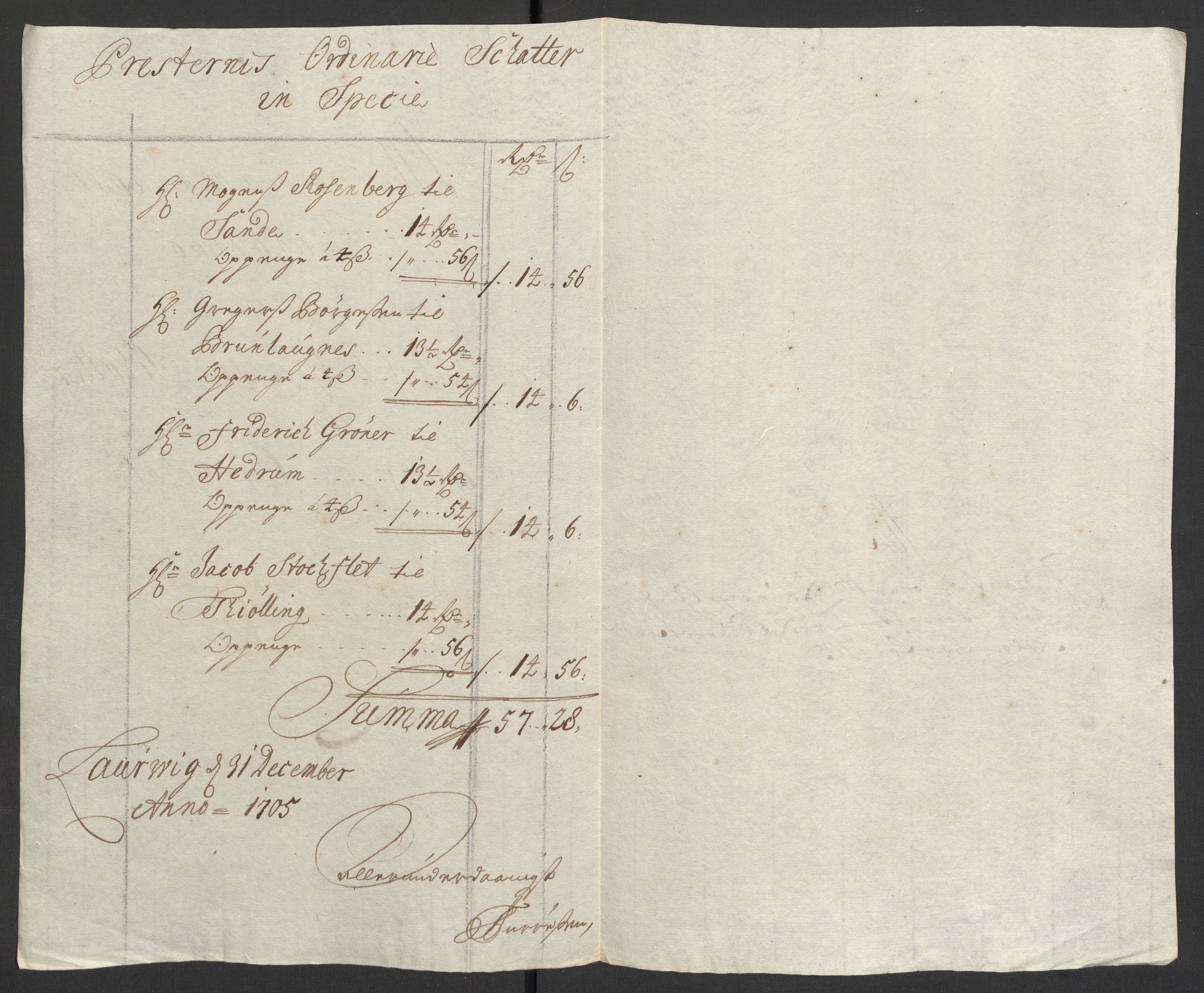 Rentekammeret inntil 1814, Reviderte regnskaper, Fogderegnskap, RA/EA-4092/R33/L1978: Fogderegnskap Larvik grevskap, 1704-1705, p. 387