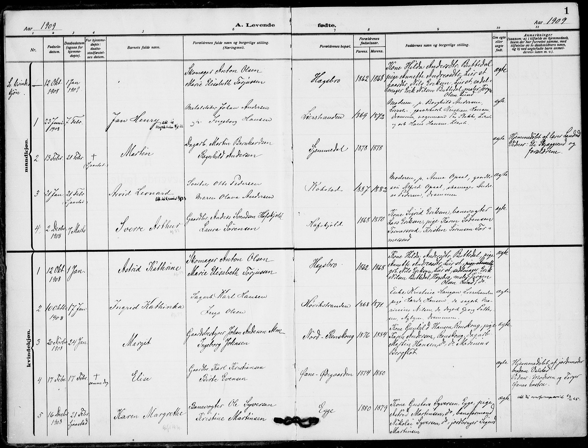 Lier kirkebøker, AV/SAKO-A-230/F/Fa/L0018: Parish register (official) no. I 18, 1909-1917, p. 1