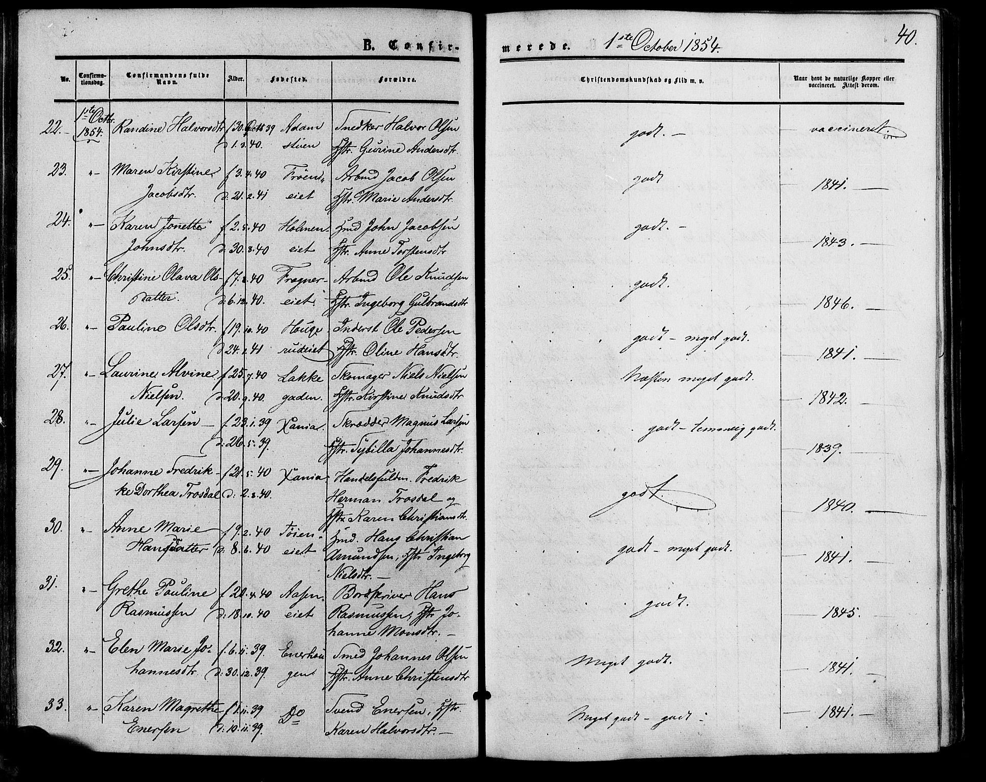 Vestre Aker prestekontor Kirkebøker, SAO/A-10025/F/Fa/L0001: Parish register (official) no. 1, 1853-1858, p. 40