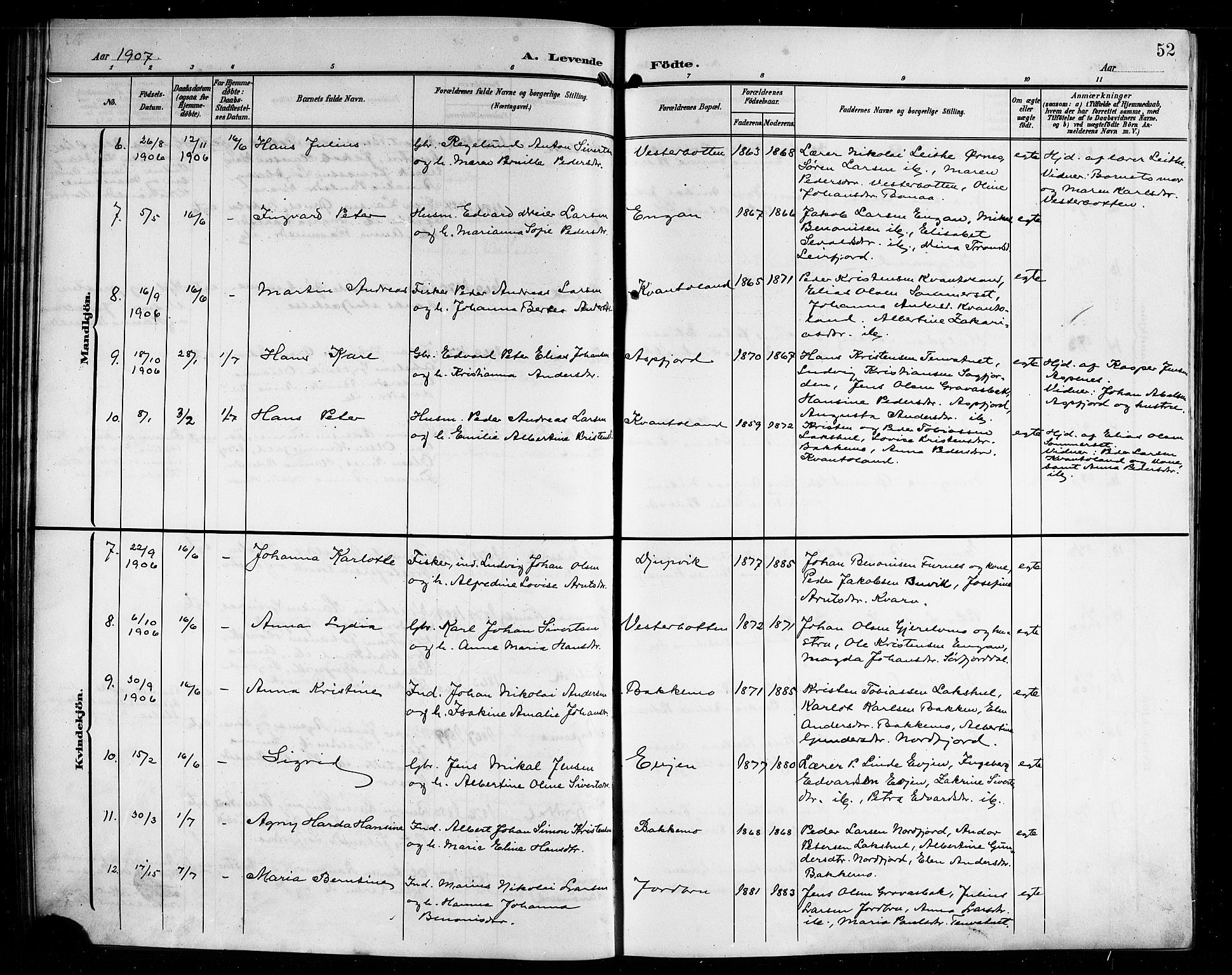 Ministerialprotokoller, klokkerbøker og fødselsregistre - Nordland, AV/SAT-A-1459/854/L0786: Parish register (copy) no. 854C02, 1901-1912, p. 52