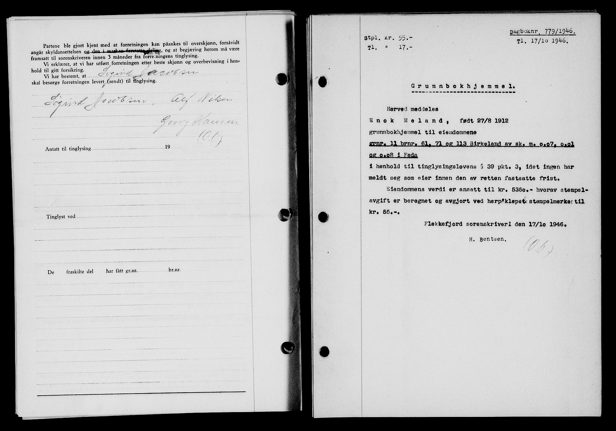 Flekkefjord sorenskriveri, AV/SAK-1221-0001/G/Gb/Gba/L0061: Mortgage book no. A-9, 1946-1947, Diary no: : 779/1946