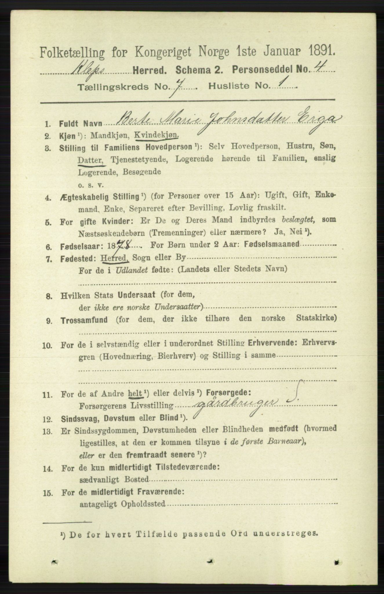 RA, 1891 census for 1120 Klepp, 1891, p. 2112
