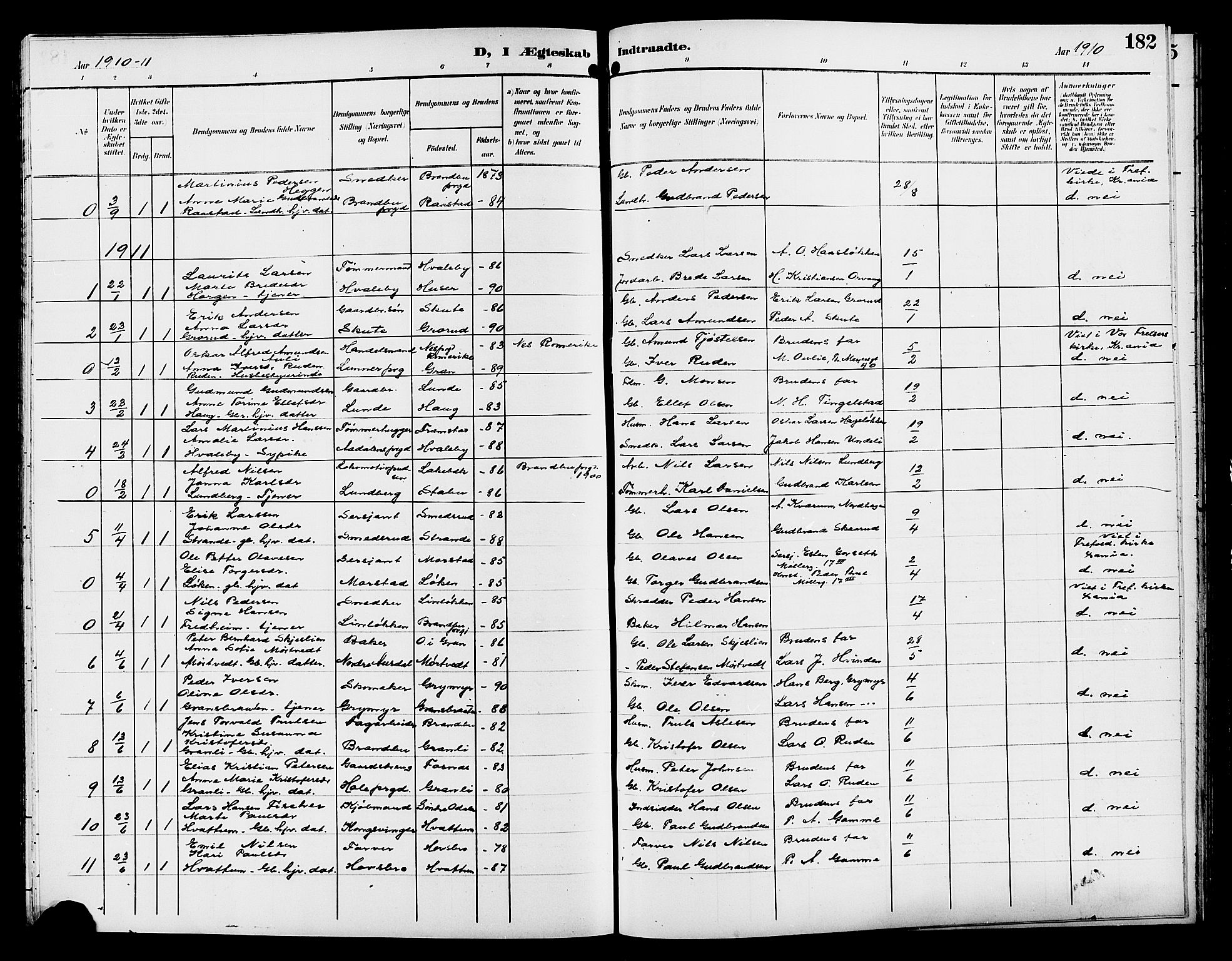 Gran prestekontor, SAH/PREST-112/H/Ha/Hab/L0006: Parish register (copy) no. 6, 1901-1911, p. 182