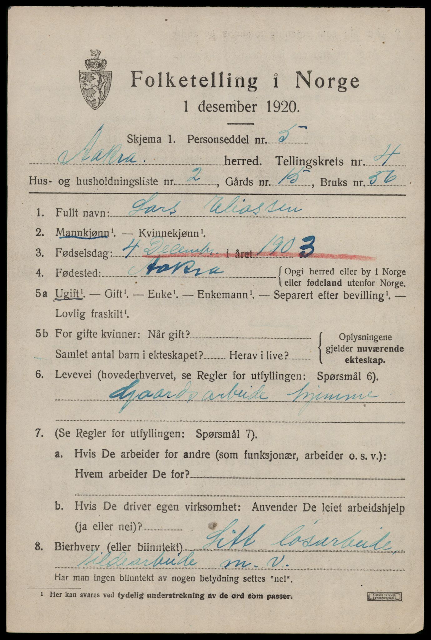 SAST, 1920 census for Åkra, 1920, p. 5896