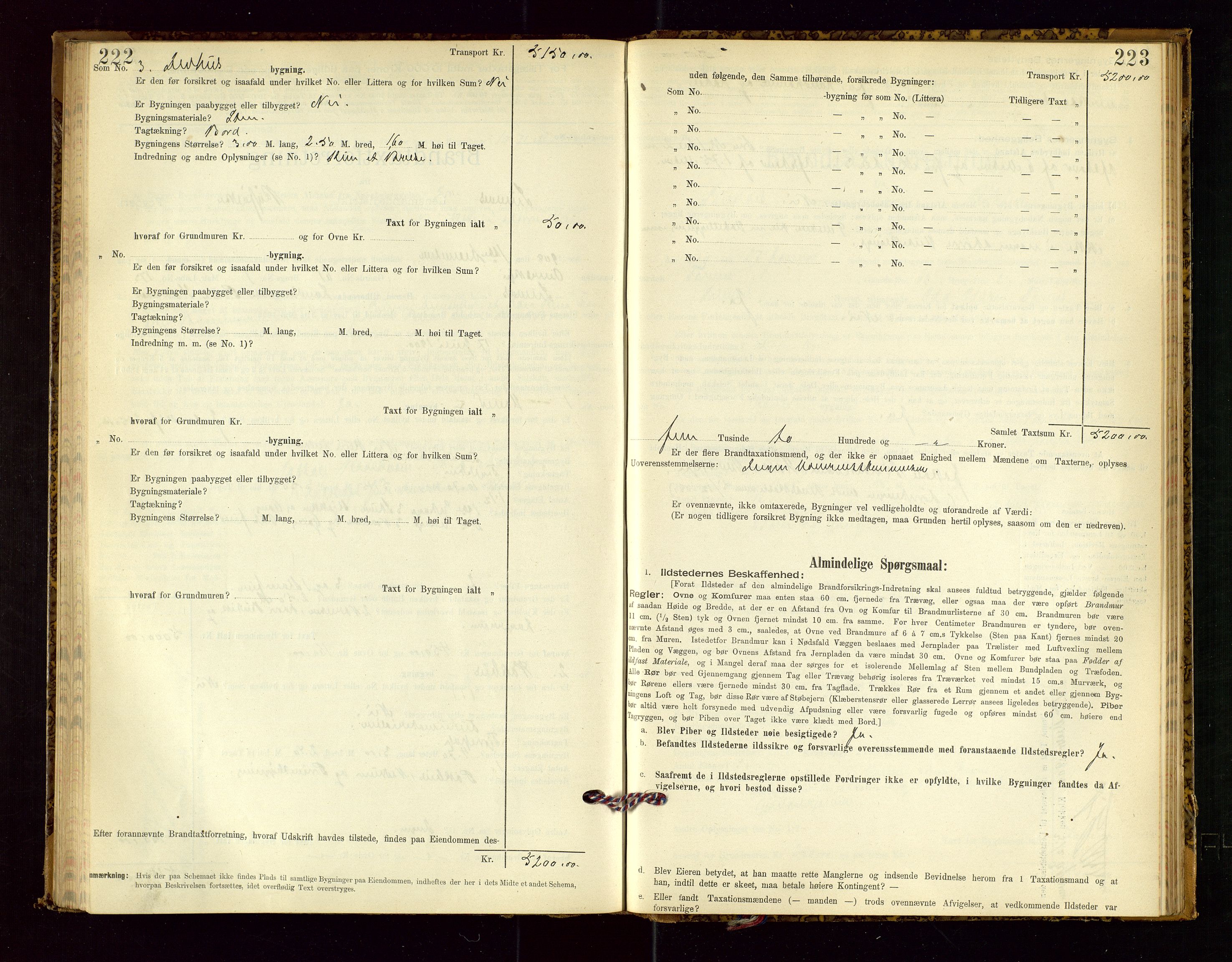 Suldal lensmannskontor, SAST/A-100419/Gob/L0001: "Brandtaxationsprotokol", 1894-1923, p. 222-223