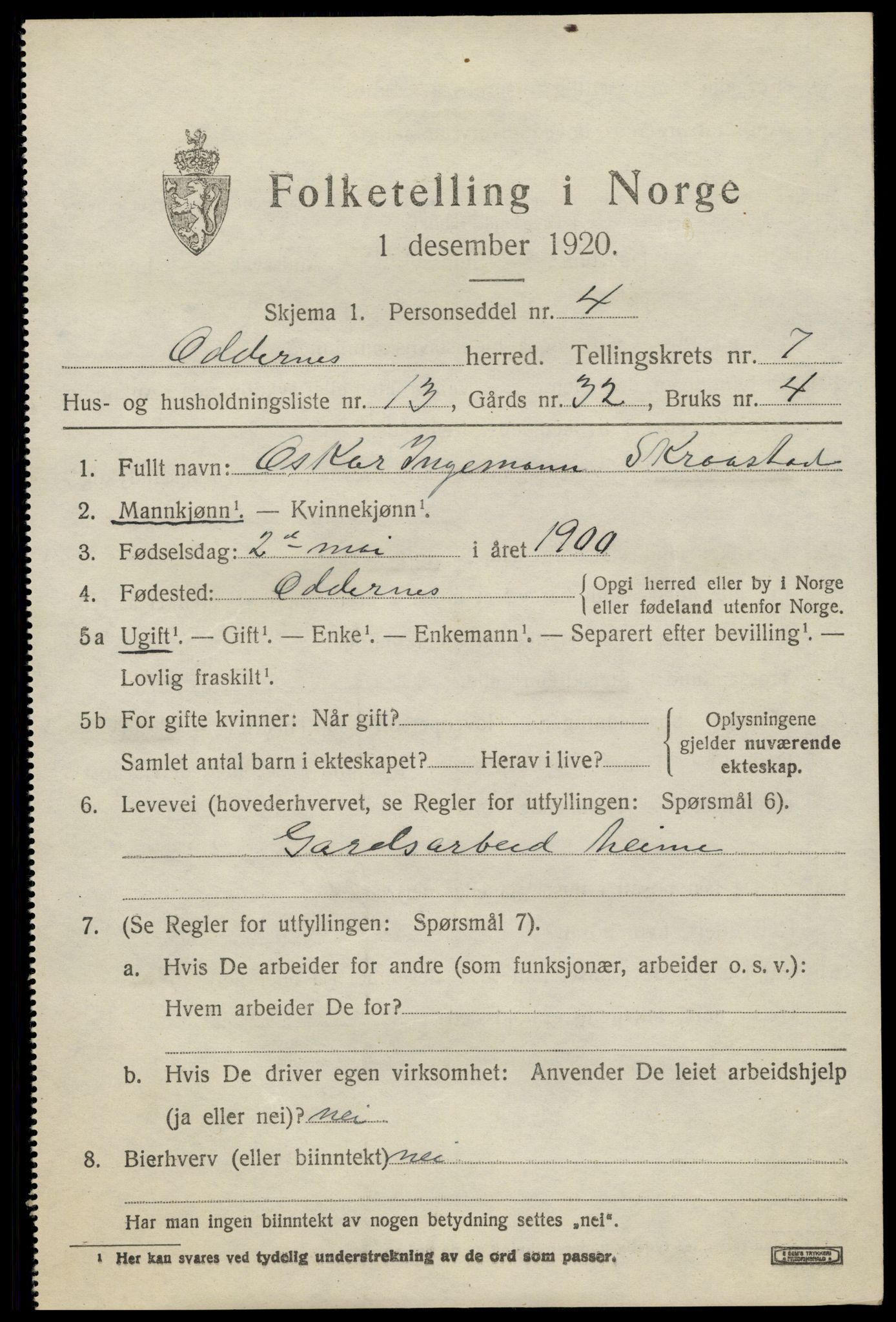SAK, 1920 census for Oddernes, 1920, p. 5453